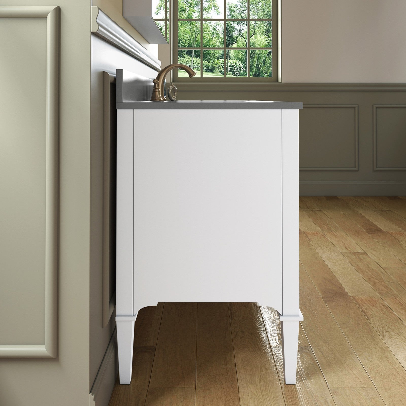 WOODBRIDGE Roma 49"x22"x38" Solid Wood Bath Vanity in White with Gold Hardware and Dark Gray Engineered Stone Composite vanity top with 3 Pre-Drilled Holes, Roma-4821-White+DGVT4922D-8