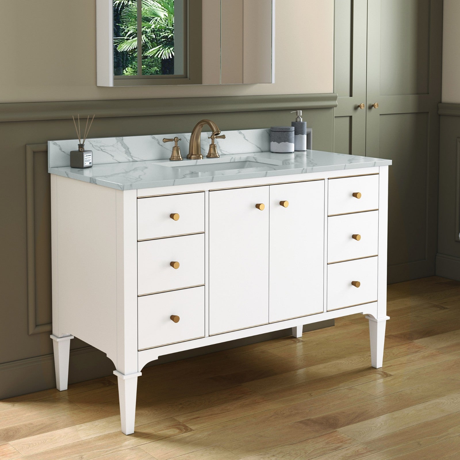 WOODBRIDGE Roma 49"x22"x38" Solid Wood Bath Vanity in White with Gold Hardware and Fish Belly Engineered Stone Composite vanity top with 3 Pre-Drilled Holes, Roma-4821-White+FBVT4922D-8