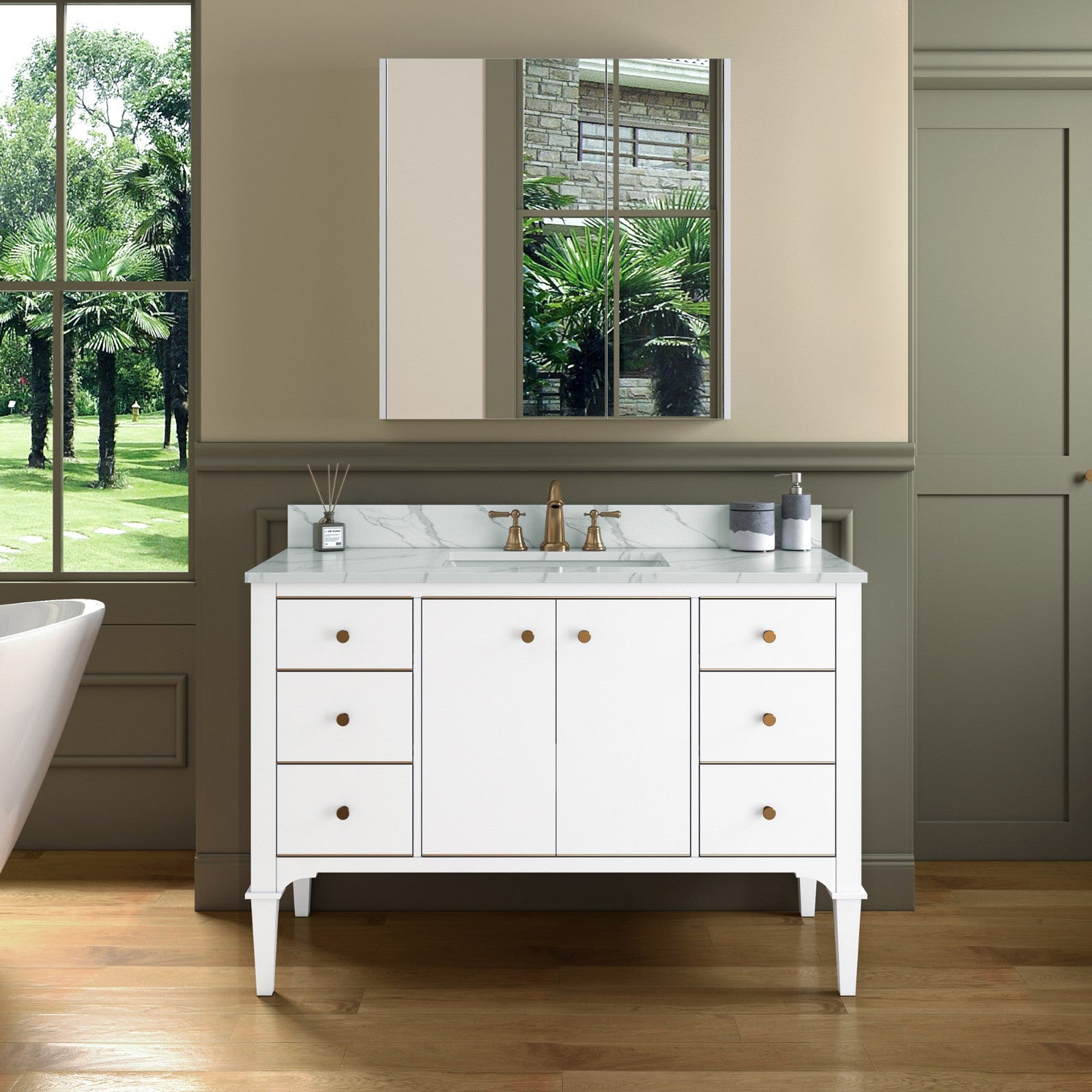 WOODBRIDGE Roma 49"x22"x38" Solid Wood Bath Vanity in White with Gold Hardware and Fish Belly Engineered Stone Composite vanity top with 3 Pre-Drilled Holes, Roma-4821-White+FBVT4922D-8