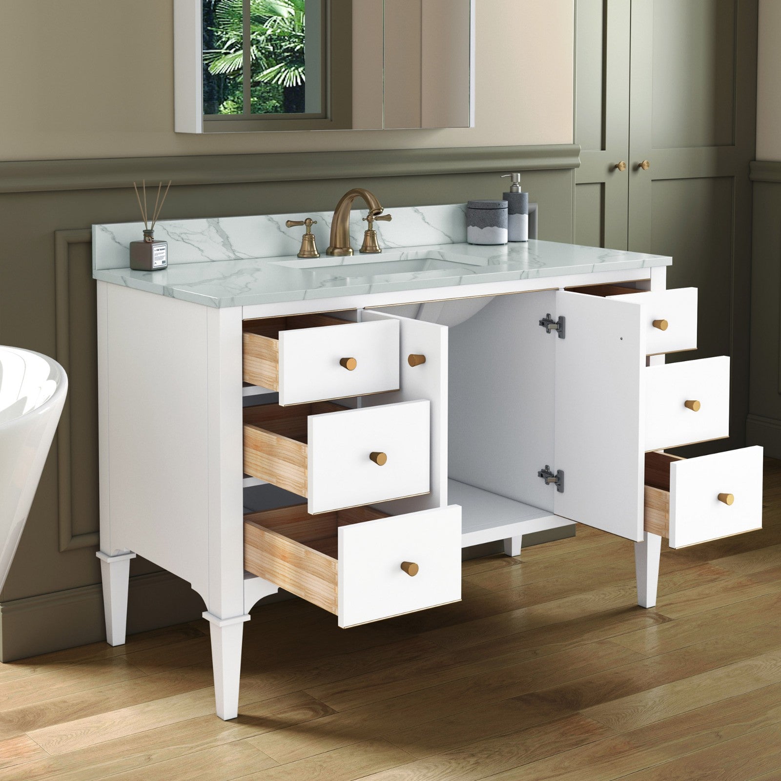 WOODBRIDGE Roma 49"x22"x38" Solid Wood Bath Vanity in White with Gold Hardware and Fish Belly Engineered Stone Composite vanity top with 3 Pre-Drilled Holes, Roma-4821-White+FBVT4922D-8