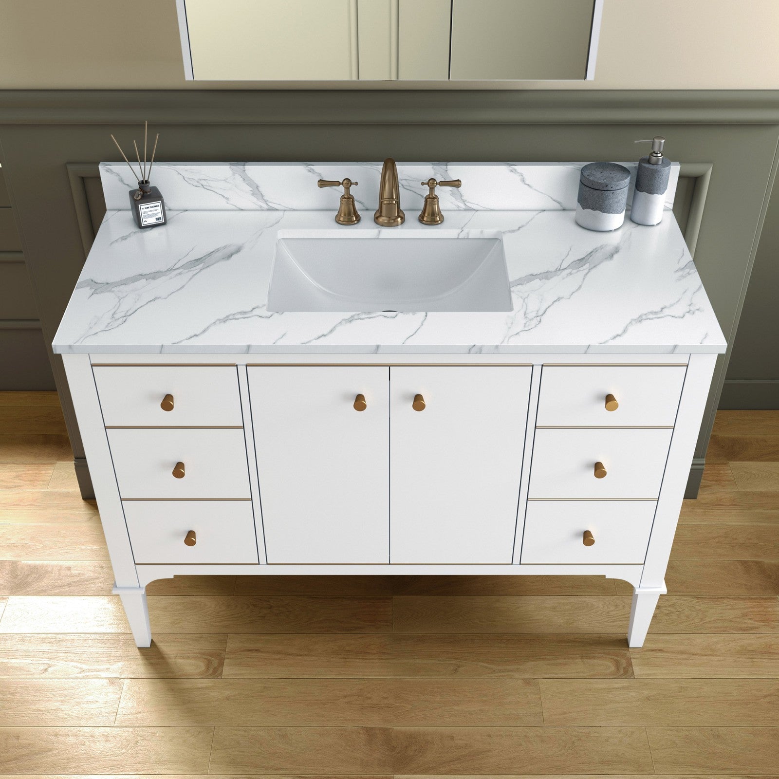 WOODBRIDGE Roma 49"x22"x38" Solid Wood Bath Vanity in White with Gold Hardware and Fish Belly Engineered Stone Composite vanity top with 3 Pre-Drilled Holes, Roma-4821-White+FBVT4922D-8