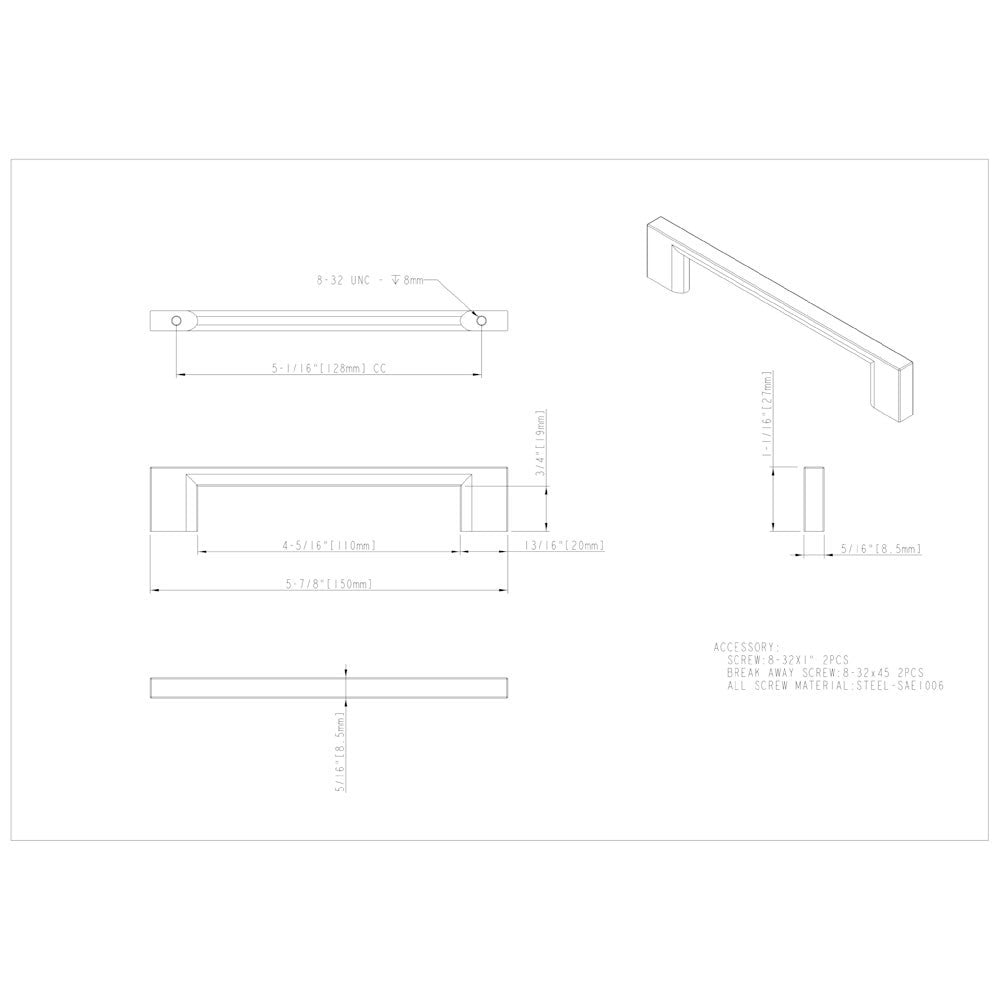 Hardware Resources 32 mm Center-to-Center Satin Nickel Square Sutton Cabinet Bar Pull