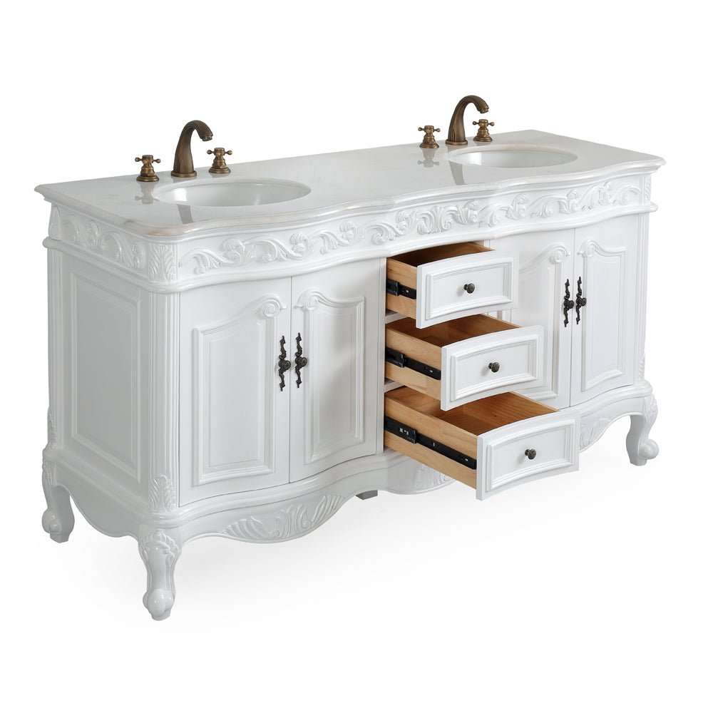 Chans Furniture CF-3882W-AW-64 64 Inch Antique White Traditional Style Double Sink White Top Beckham Bathroom Vanity