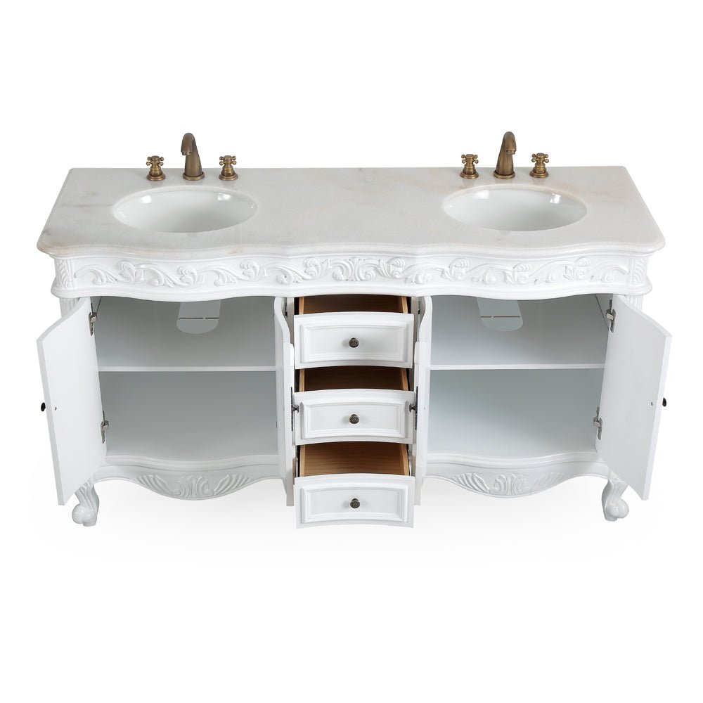 Chans Furniture CF-3882W-AW-64 64 Inch Antique White Traditional Style Double Sink White Top Beckham Bathroom Vanity