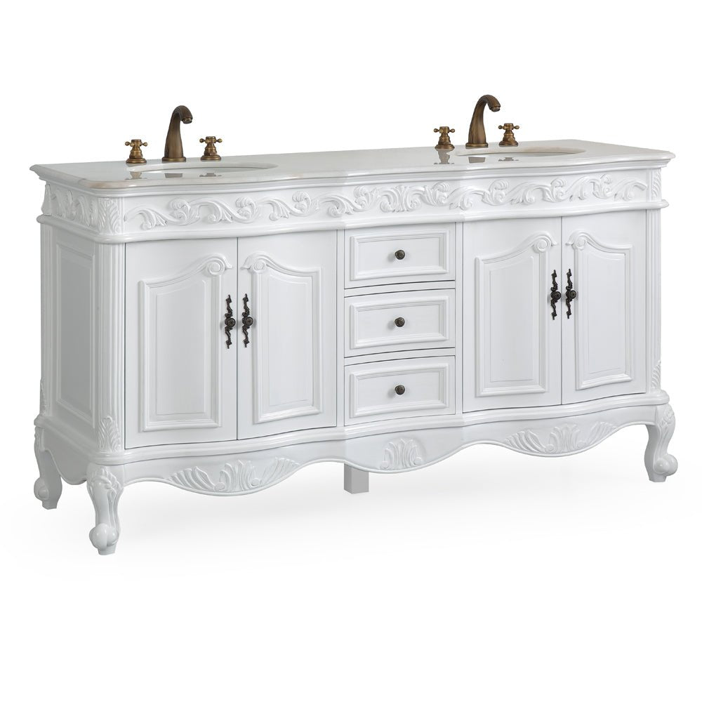 Chans Furniture CF-3882W-AW-64 64 Inch Antique White Traditional Style Double Sink White Top Beckham Bathroom Vanity