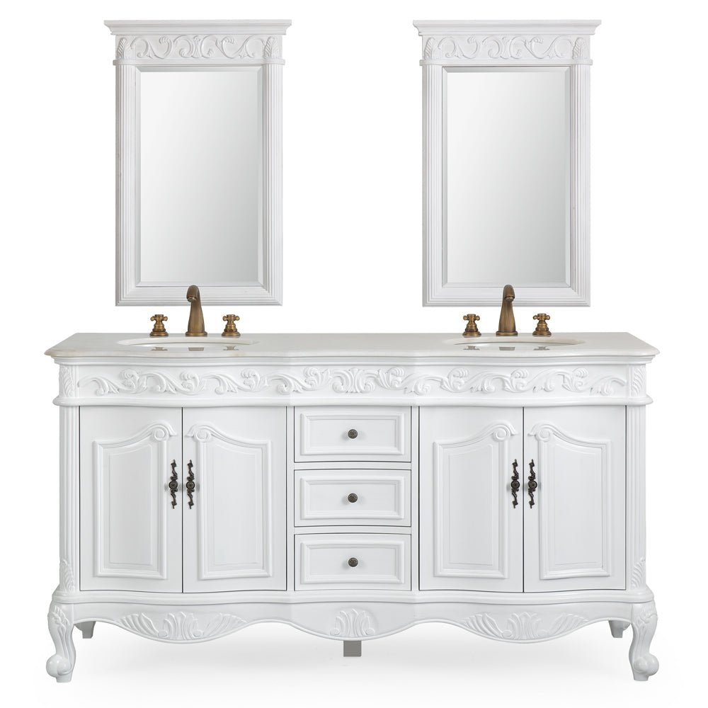 Chans Furniture CF-3882W-AW-64 64 Inch Antique White Traditional Style Double Sink White Top Beckham Bathroom Vanity