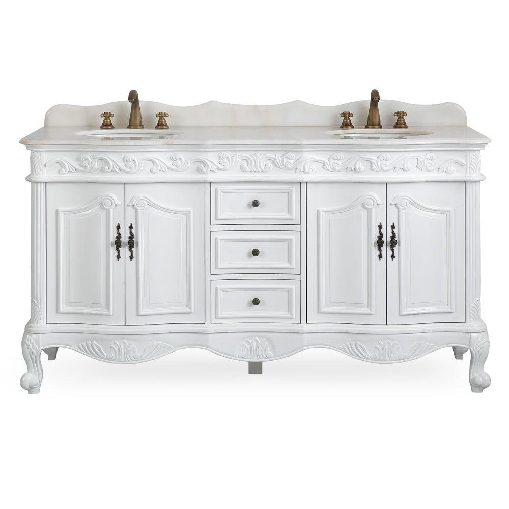 Chans Furniture CF-3882W-AW-64 64 Inch Antique White Traditional Style Double Sink White Top Beckham Bathroom Vanity