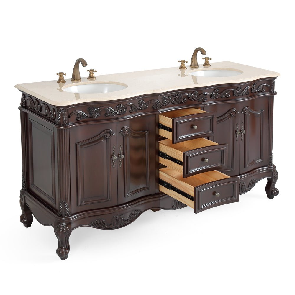Chans Furniture CF-3882M-TK-64 64 Inch Brown Traditional Style Double Sink Cream Marble Top Beckham Bathroom Vanity