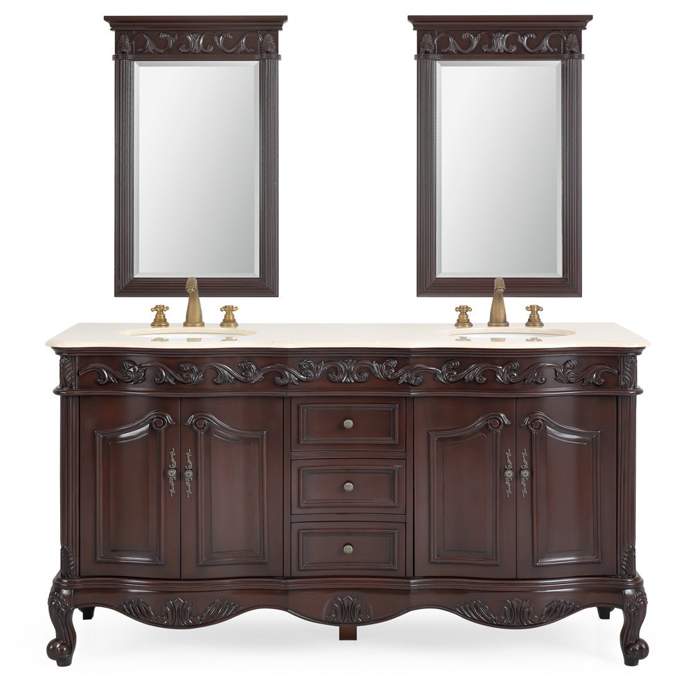 Chans Furniture CF-3882M-TK-64 64 Inch Brown Traditional Style Double Sink Cream Marble Top Beckham Bathroom Vanity