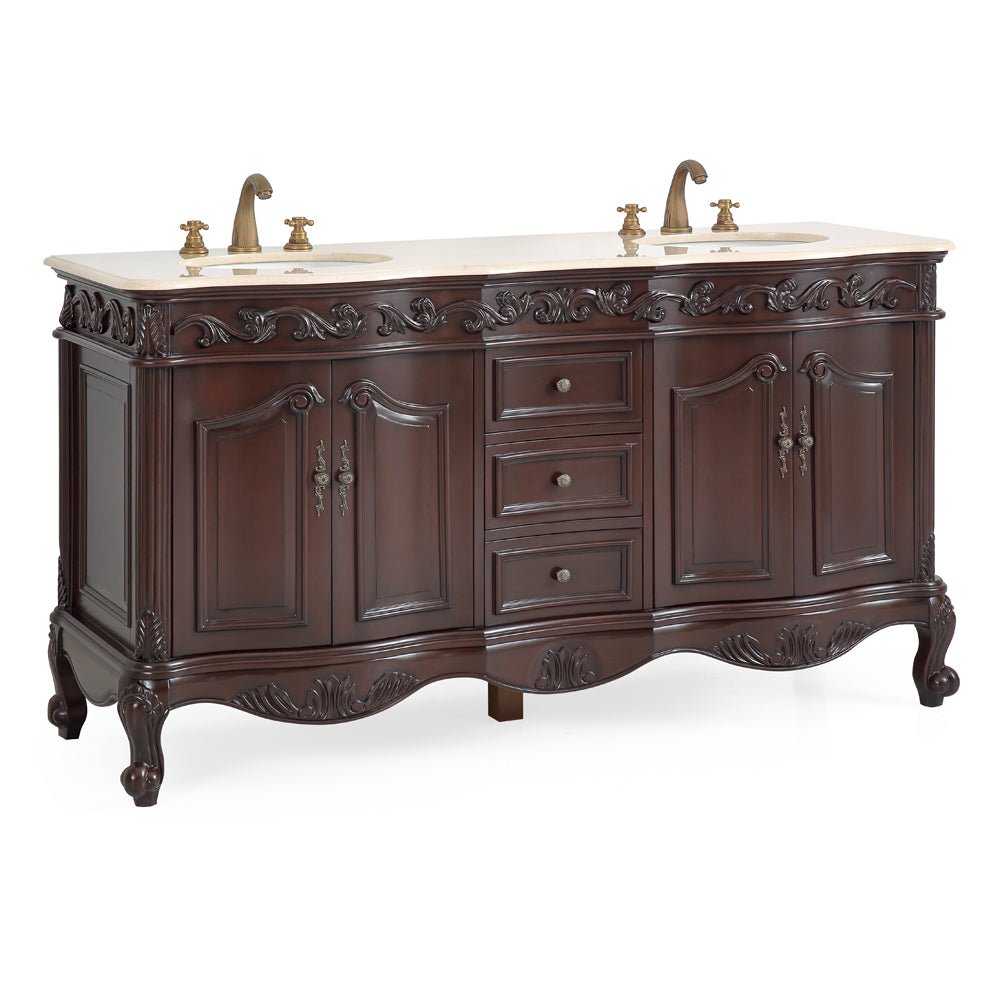 Chans Furniture CF-3882M-TK-64 64 Inch Brown Traditional Style Double Sink Cream Marble Top Beckham Bathroom Vanity