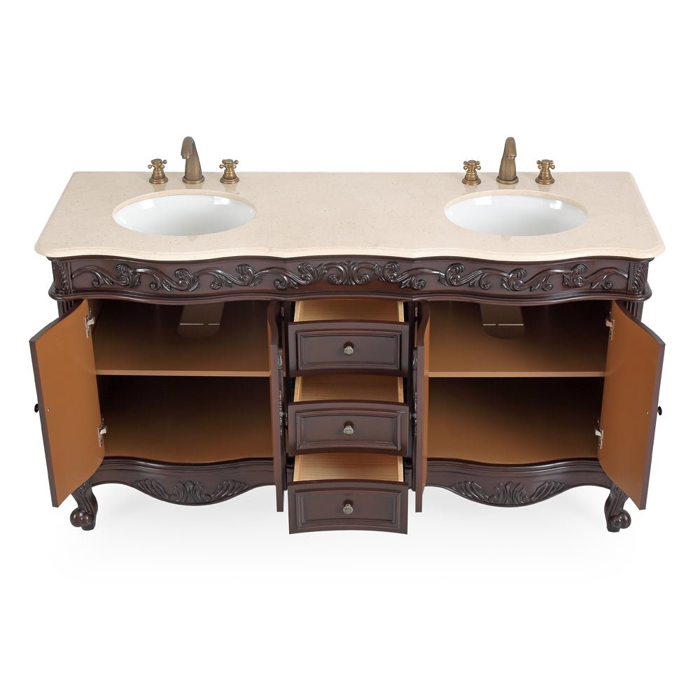 Chans Furniture CF-3882M-TK-64 64 Inch Brown Traditional Style Double Sink Cream Marble Top Beckham Bathroom Vanity