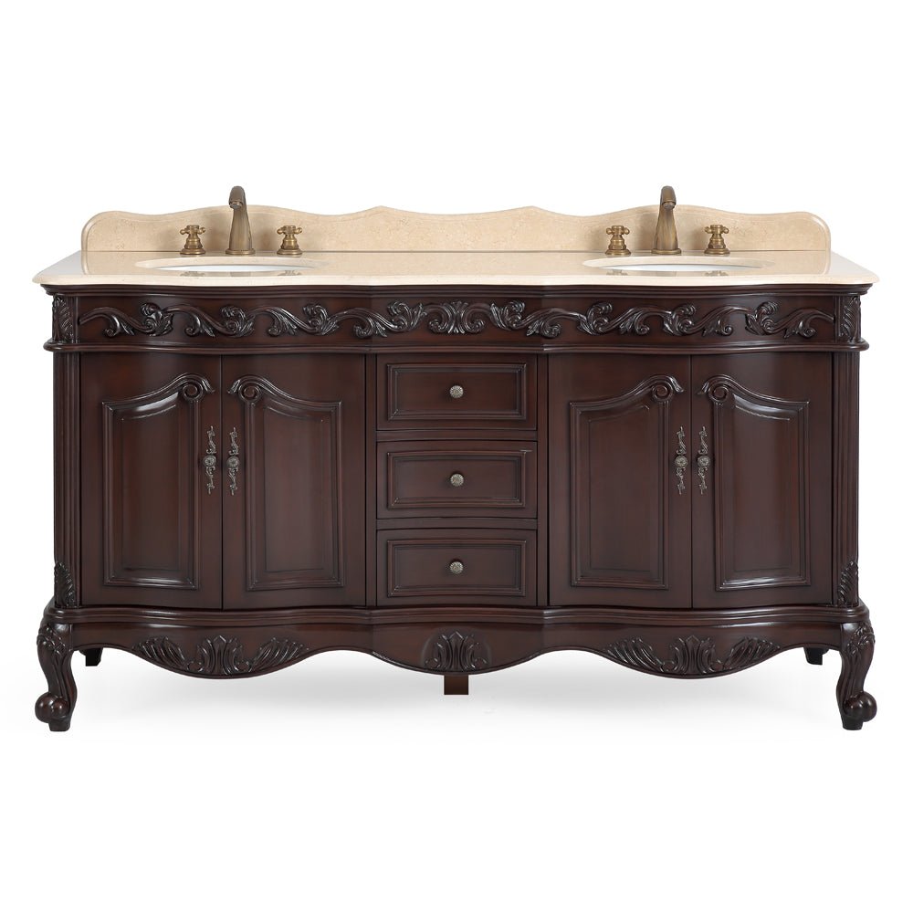 Chans Furniture CF-3882M-TK-64 64 Inch Brown Traditional Style Double Sink Cream Marble Top Beckham Bathroom Vanity