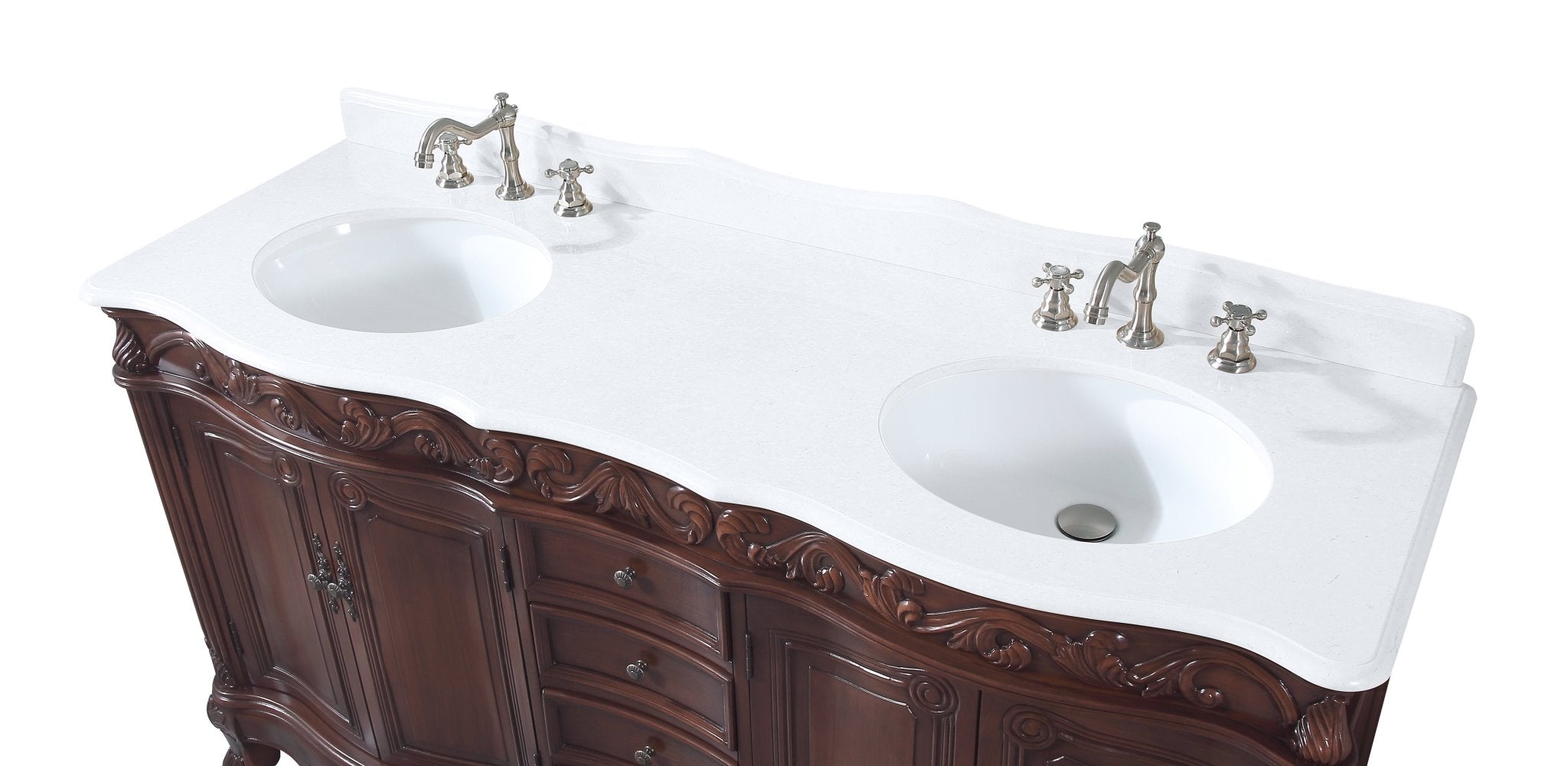 Chans Furniture CF-3882W-TK-64 64 Inch Brown Traditional Style Double Sink White Marble Top Beckham Bathroom Vanity
