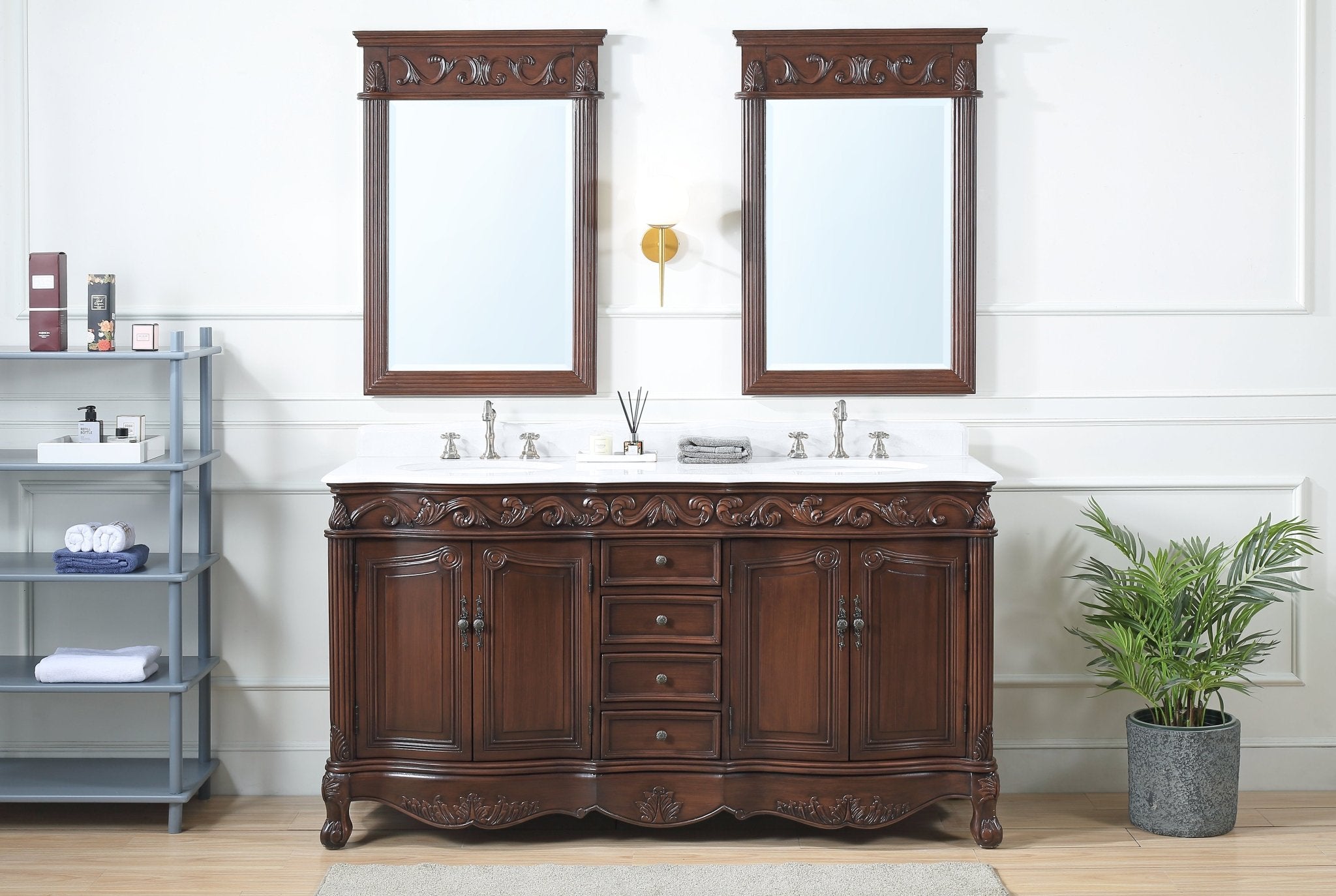 Chans Furniture CF-3882W-TK-64 64 Inch Brown Traditional Style Double Sink White Marble Top Beckham Bathroom Vanity
