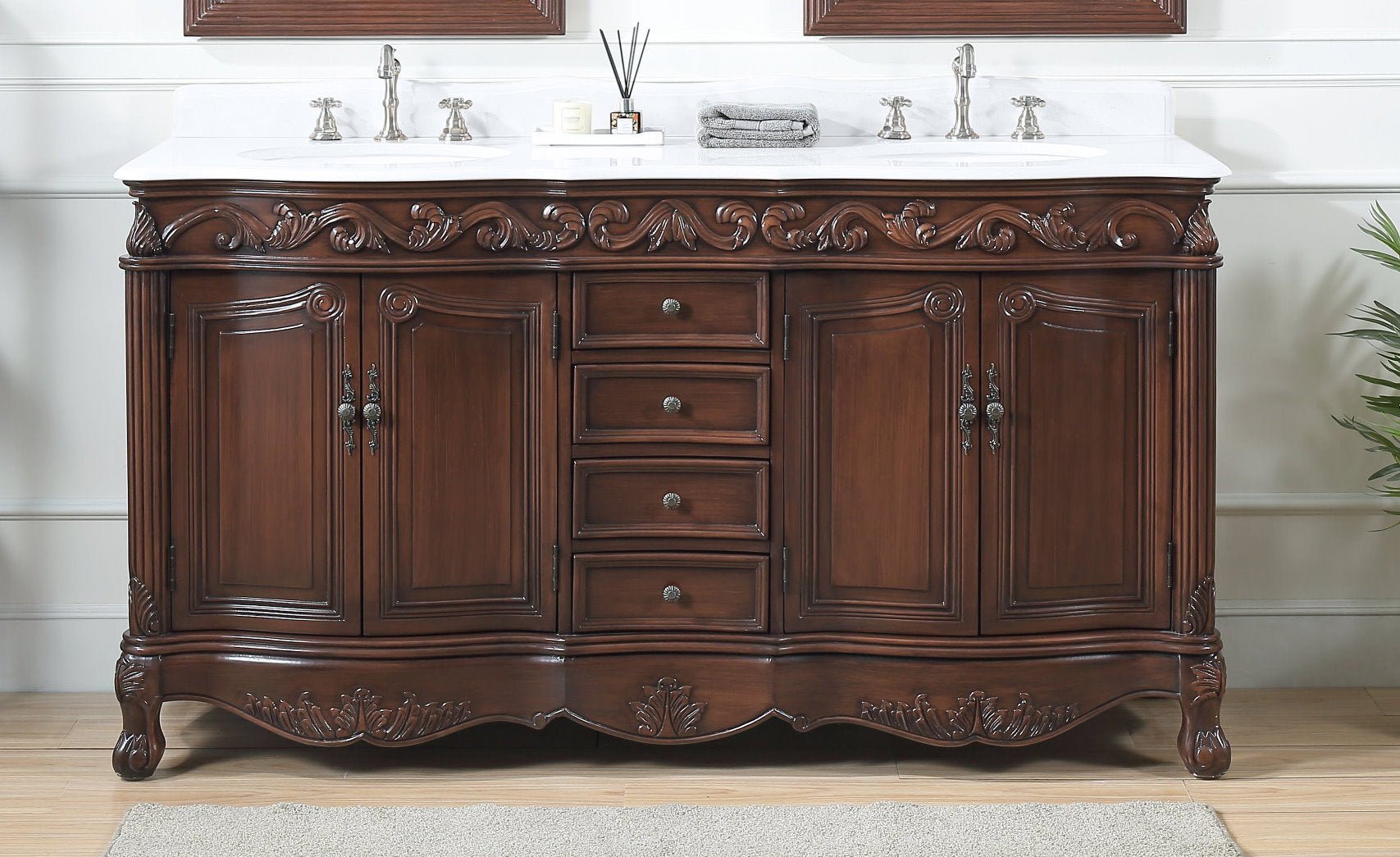Chans Furniture CF-3882W-TK-64 64 Inch Brown Traditional Style Double Sink White Marble Top Beckham Bathroom Vanity