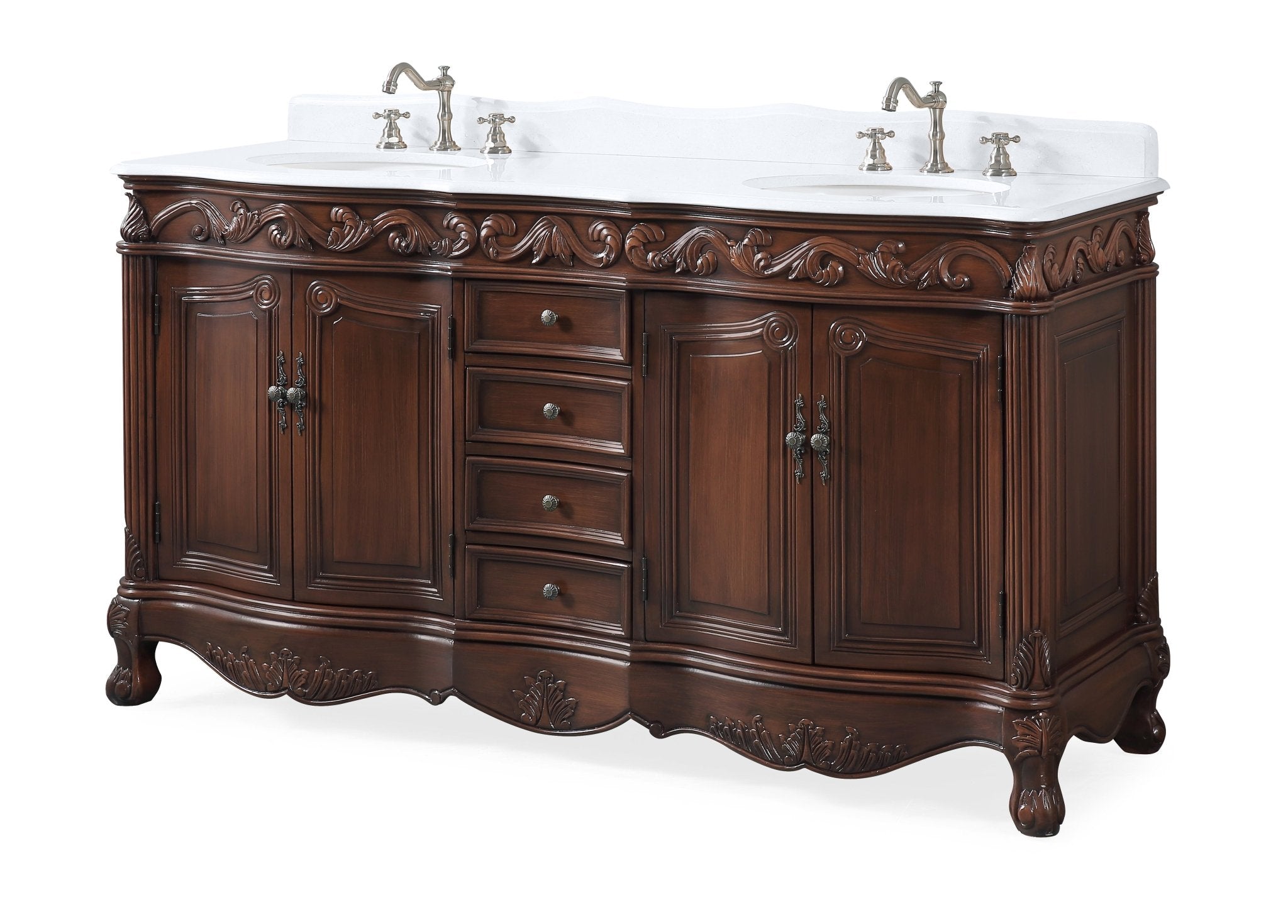 Chans Furniture CF-3882W-TK-64 64 Inch Brown Traditional Style Double Sink White Marble Top Beckham Bathroom Vanity