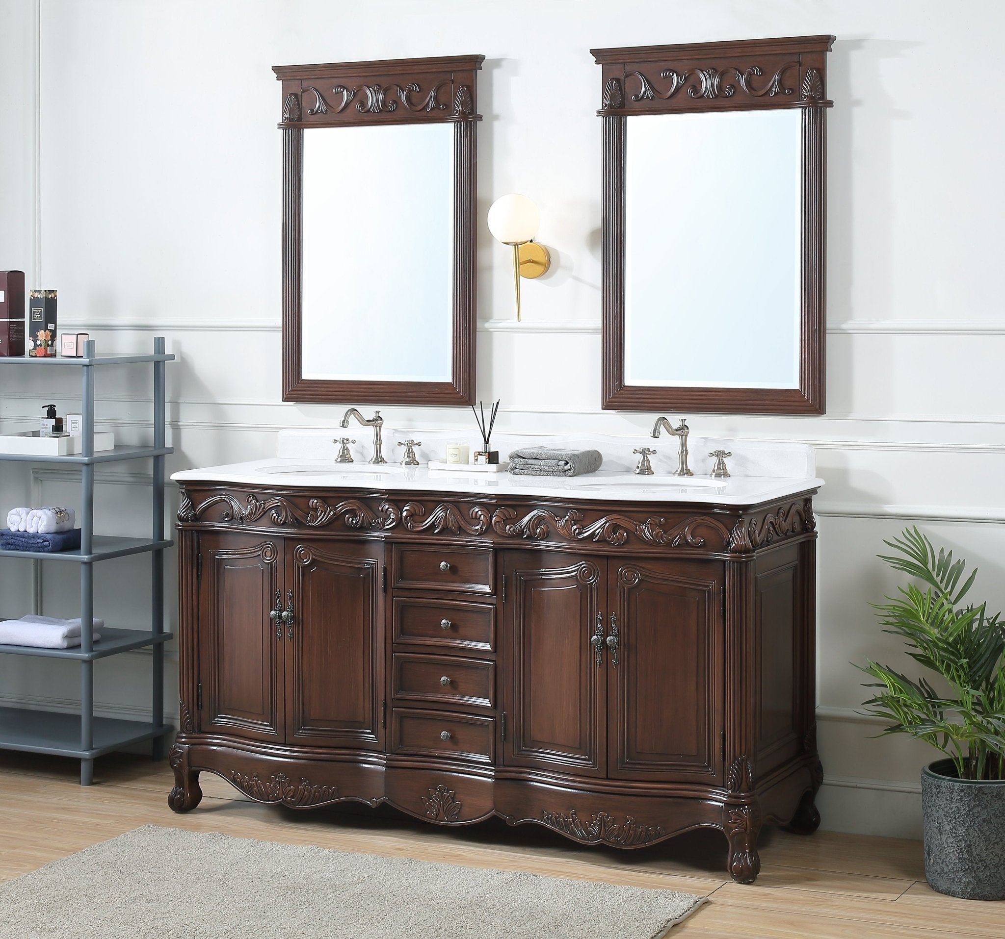 Chans Furniture CF-3882W-TK-64 64 Inch Brown Traditional Style Double Sink White Marble Top Beckham Bathroom Vanity