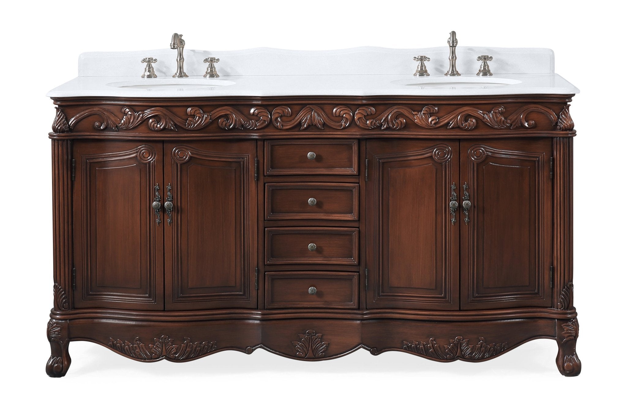 Chans Furniture CF-3882W-TK-64 64 Inch Brown Traditional Style Double Sink White Marble Top Beckham Bathroom Vanity