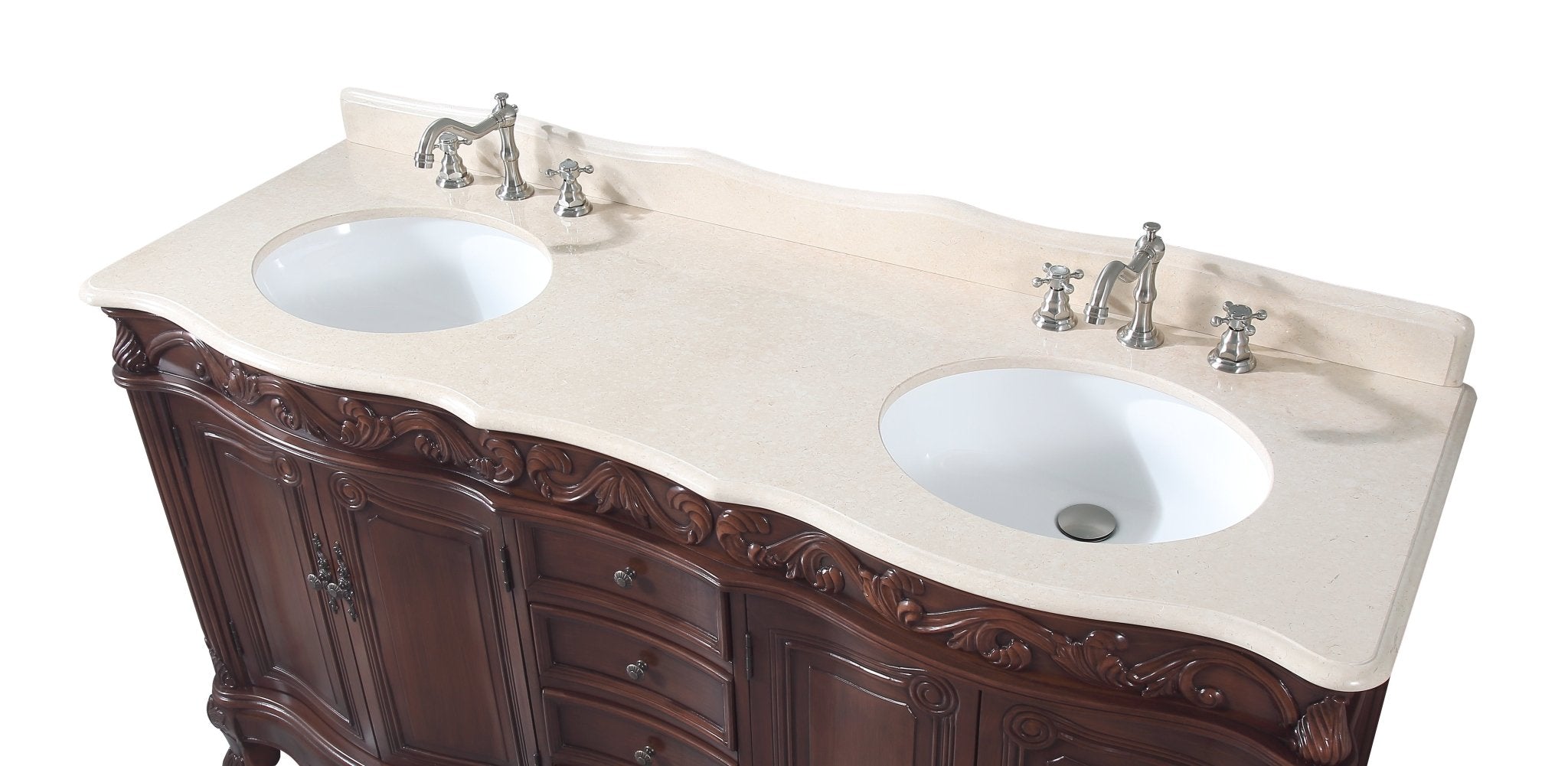 Chans Furniture CF-3882W-TK-64 64 Inch Brown Traditional Style Double Sink White Marble Top Beckham Bathroom Vanity
