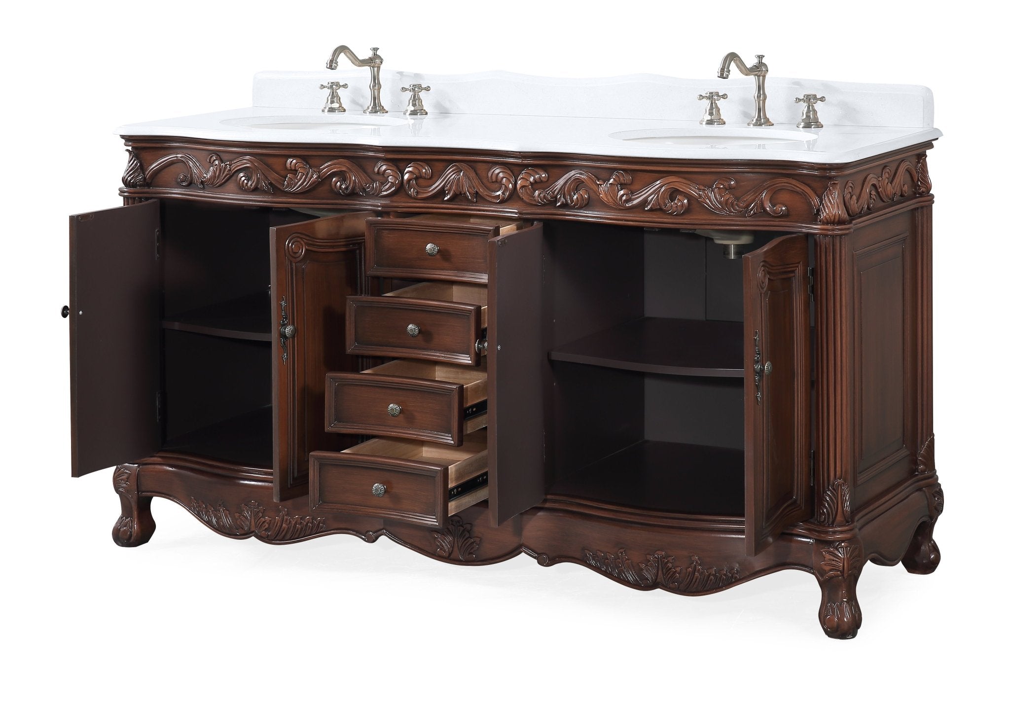 Chans Furniture CF-3882W-TK-64 64 Inch Brown Traditional Style Double Sink White Marble Top Beckham Bathroom Vanity