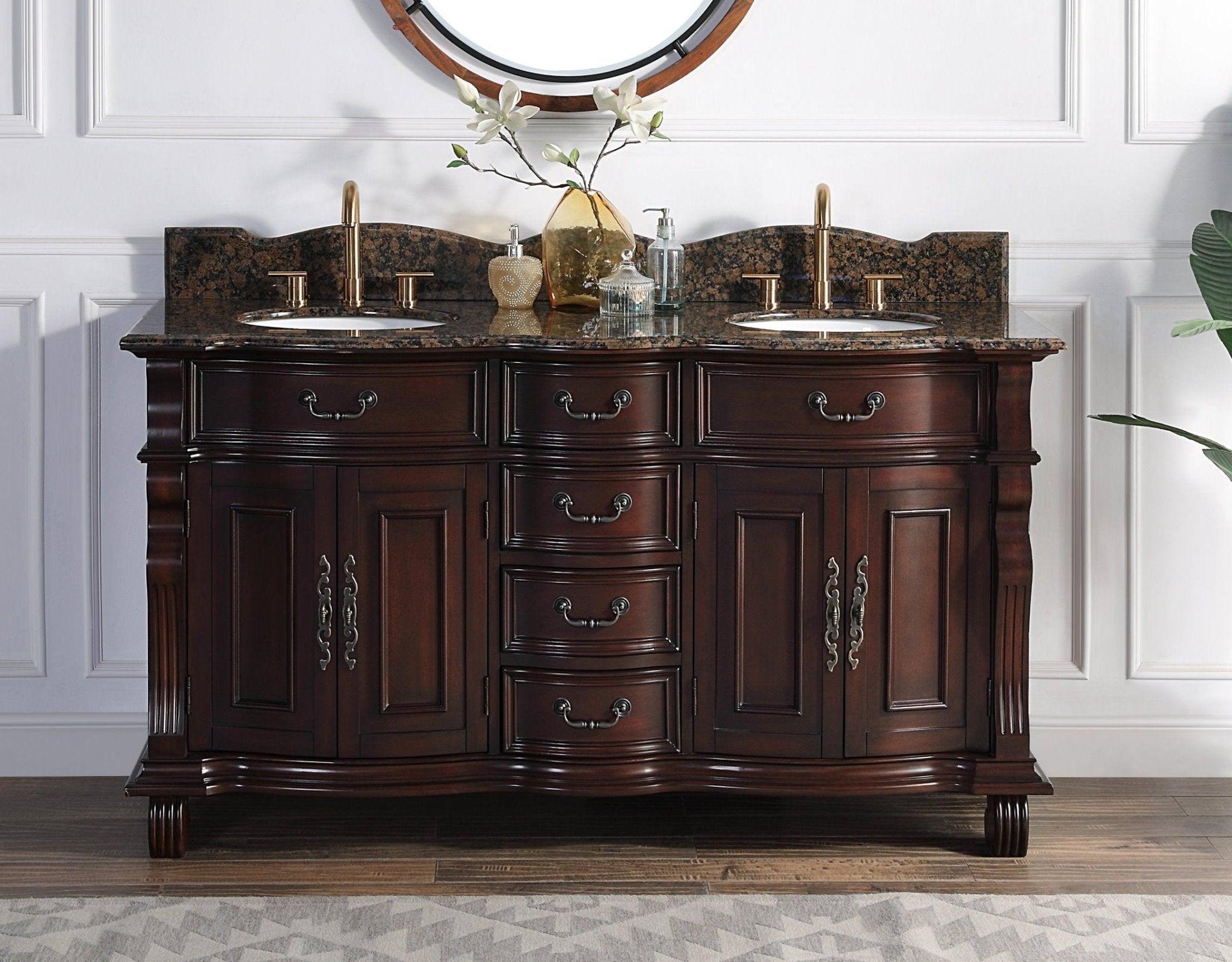 Chans Furniture GD-4438SB-64 64" Traditional Style Cherry Wood Hopkinton Double Sink Bathroom Vanity