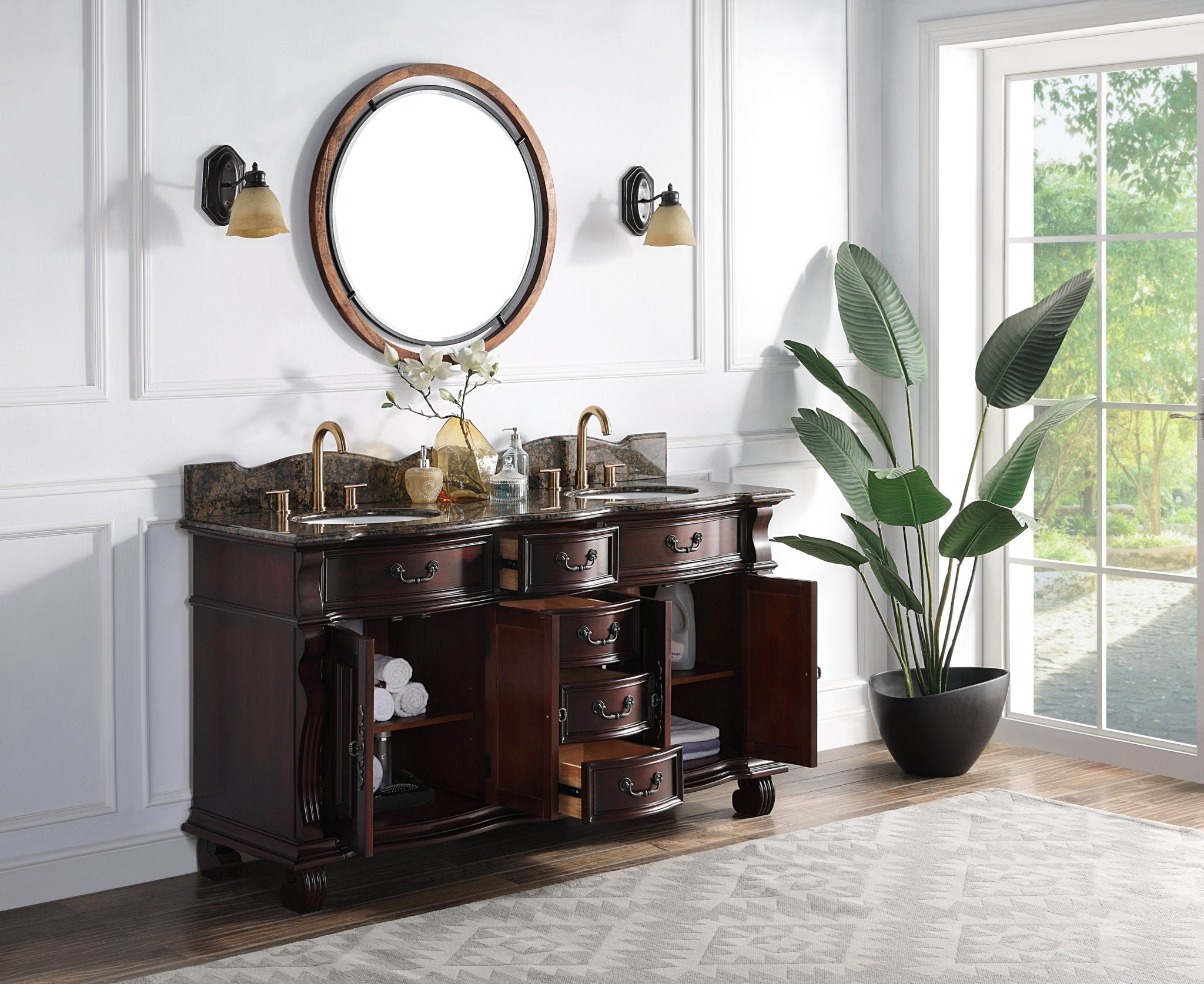 Chans Furniture GD-4438SB-64 64" Traditional Style Cherry Wood Hopkinton Double Sink Bathroom Vanity