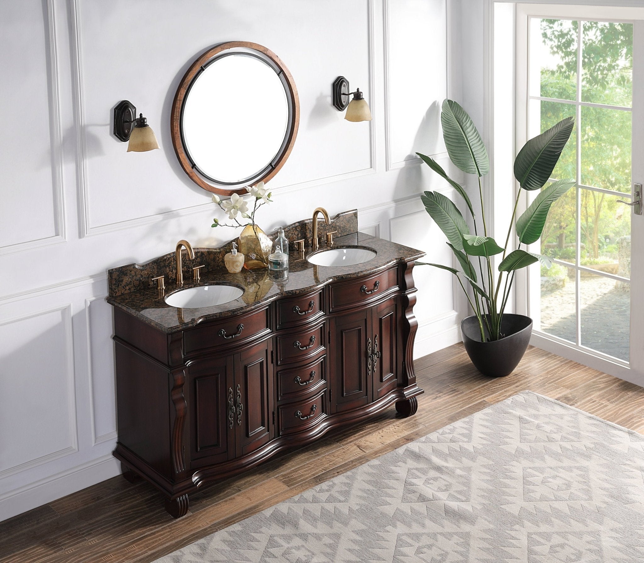 Chans Furniture GD-4438SB-64 64" Traditional Style Cherry Wood Hopkinton Double Sink Bathroom Vanity