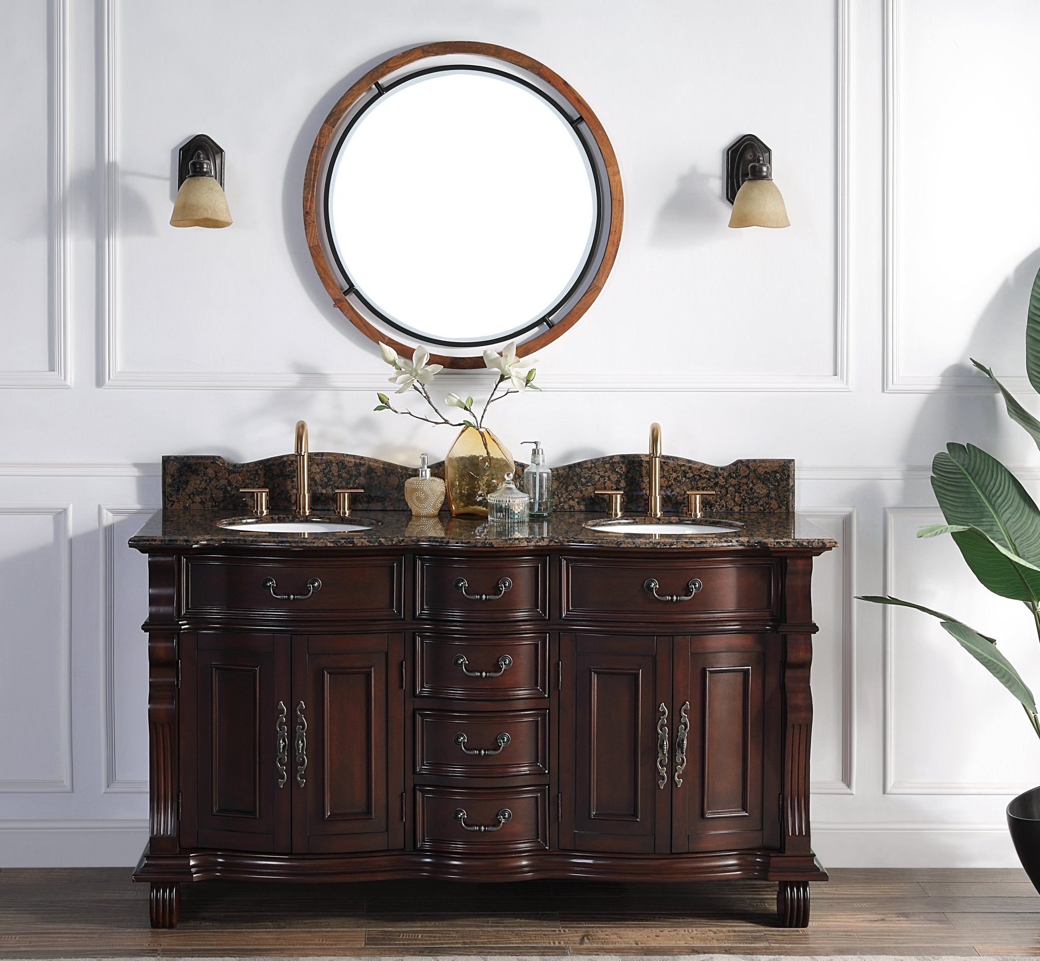 Chans Furniture GD-4438W-64 64" Traditional Style Cherry Wood Hopkinton Double Sink Bathroom Vanity