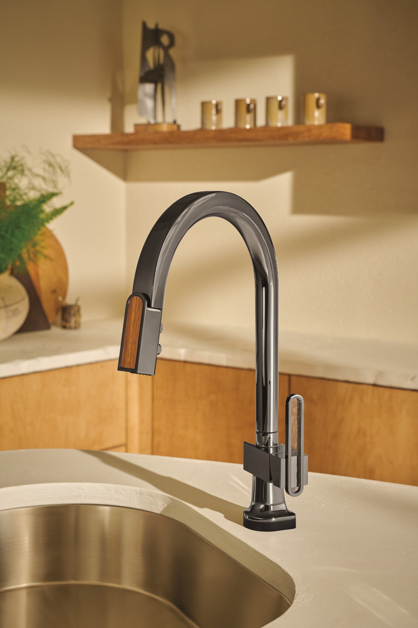 Brizo Frank Lloyd Wright® SmartTouch® Pull-Down Kitchen Faucet with Arc Spout and Wood Wand - Less Handle