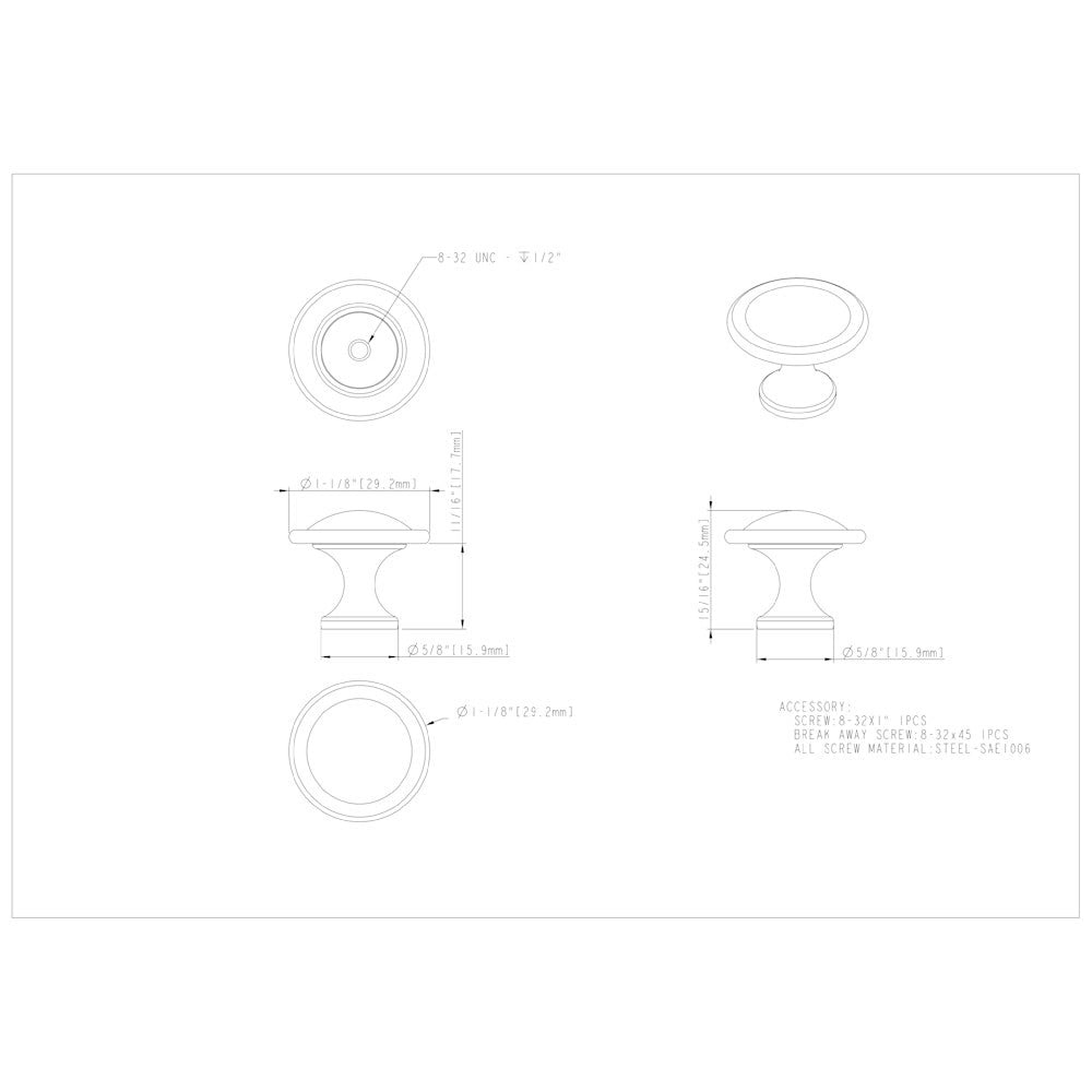 Hardware Resources 1-1/8" Diameter Satin Nickel Button Watervale Cabinet Mushroom Knob