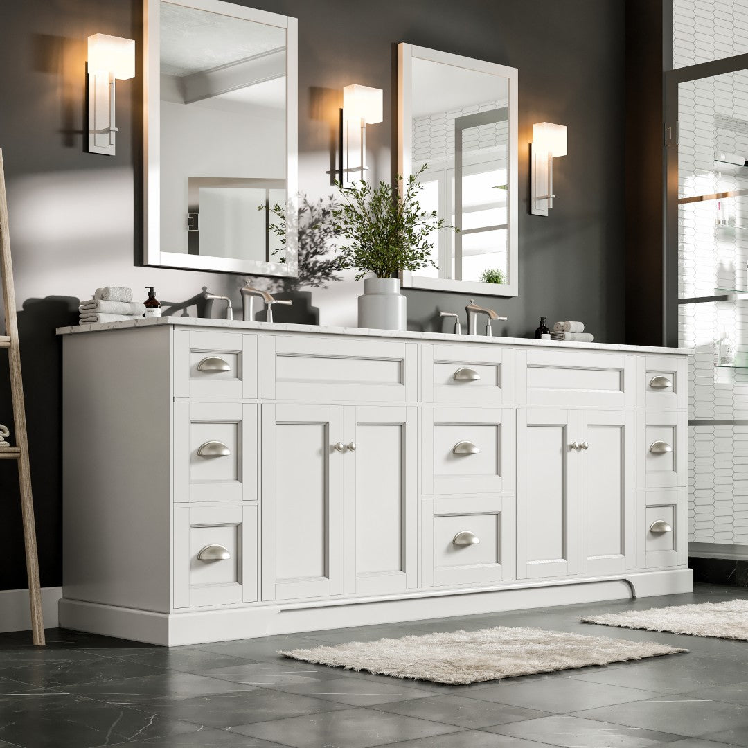 Eviva Epic Bath Vanity with Carrara Quartz Top and Undermount Porcelain Sinks (48"-100")