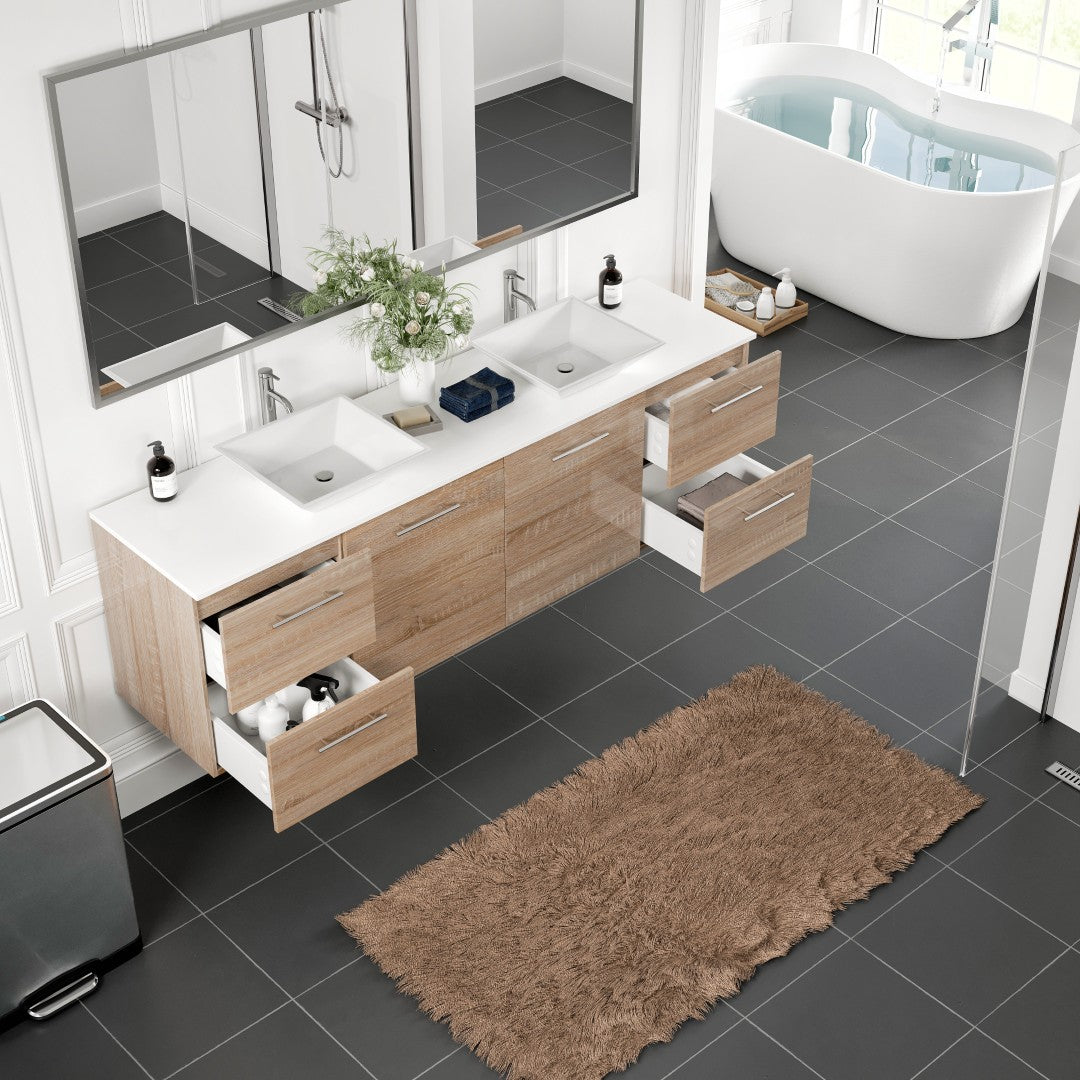 Eviva Luxy Wall Mount Bath Vanity with White Quartz Top and Vessel Porcelain Sinks