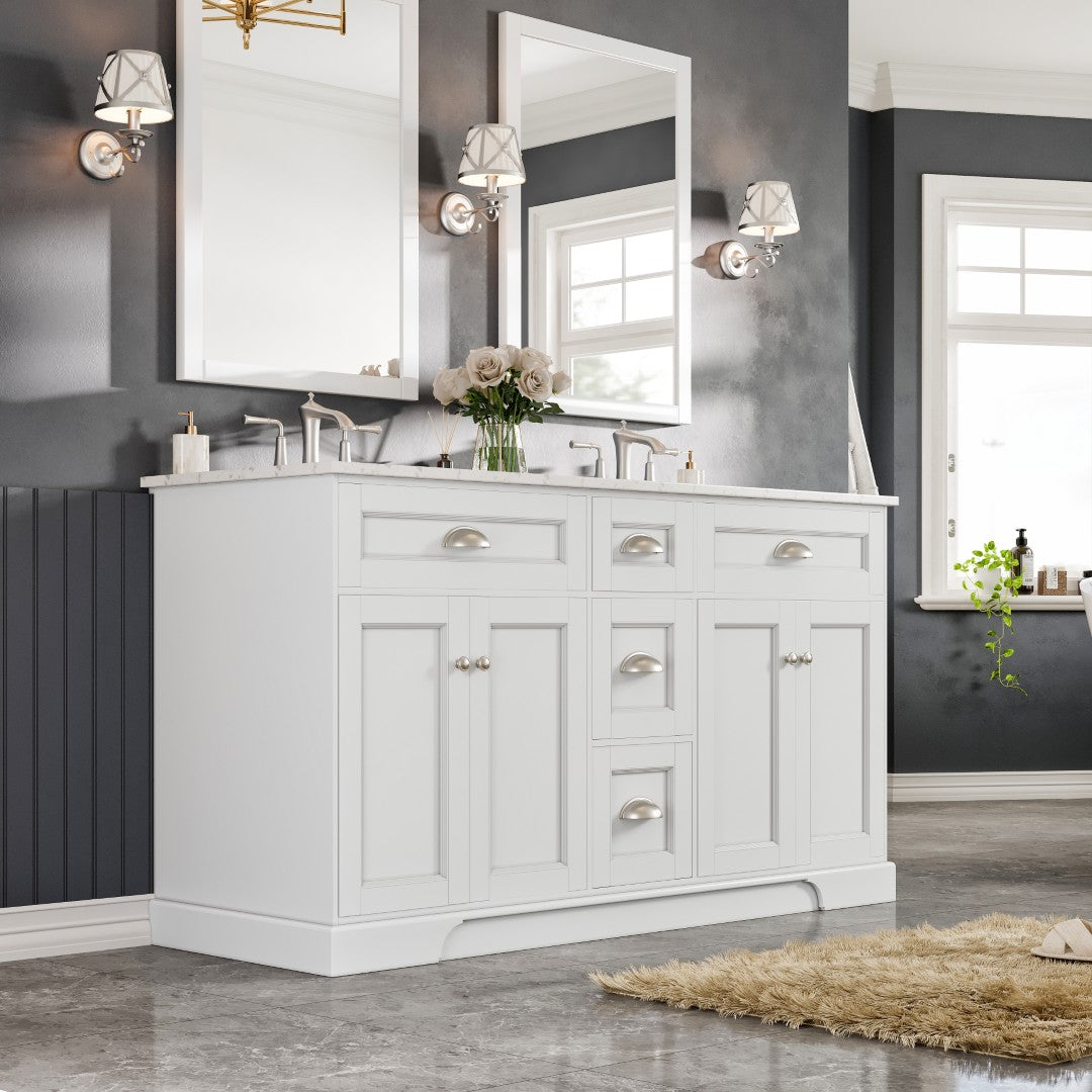 Eviva Epic Bath Vanity with Carrara Quartz Top and Undermount Porcelain Sinks (48"-100")