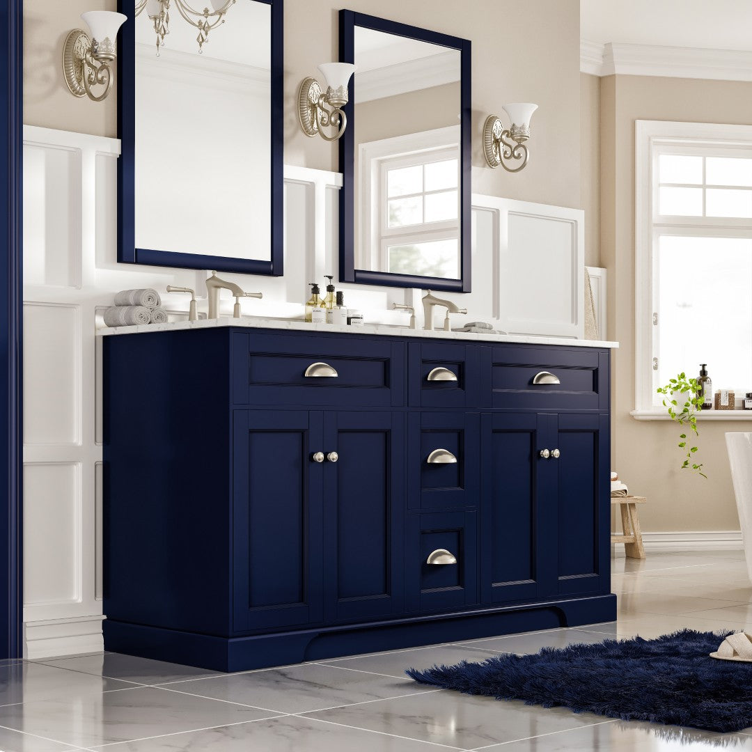 Eviva Epic Bath Vanity with Carrara Quartz Top and Undermount Porcelain Sinks (48"-100")