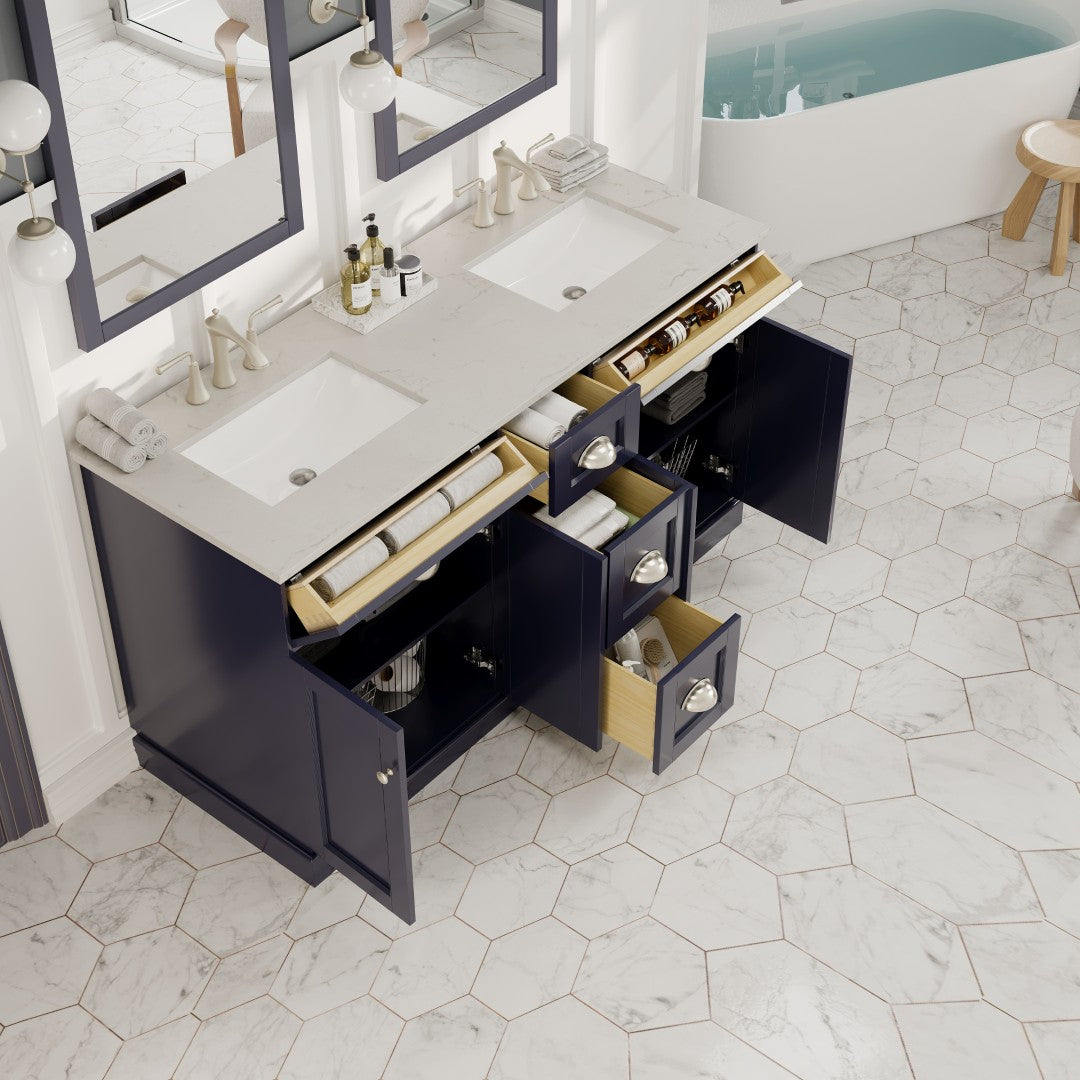 Eviva Epic Bath Vanity with Carrara Quartz Top and Undermount Porcelain Sinks (48"-100")