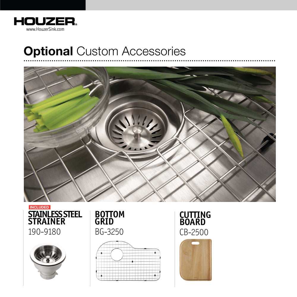 Houzer Medallion Designer 32" Stainless Steel Undermount Offset Single Bowl Kitchen Sink with Strainer