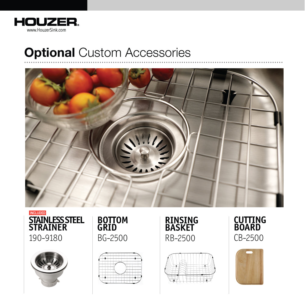 Houzer Elite 24" Stainless Steel Undermount Single Bowl Kitchen Sink with Strainer
