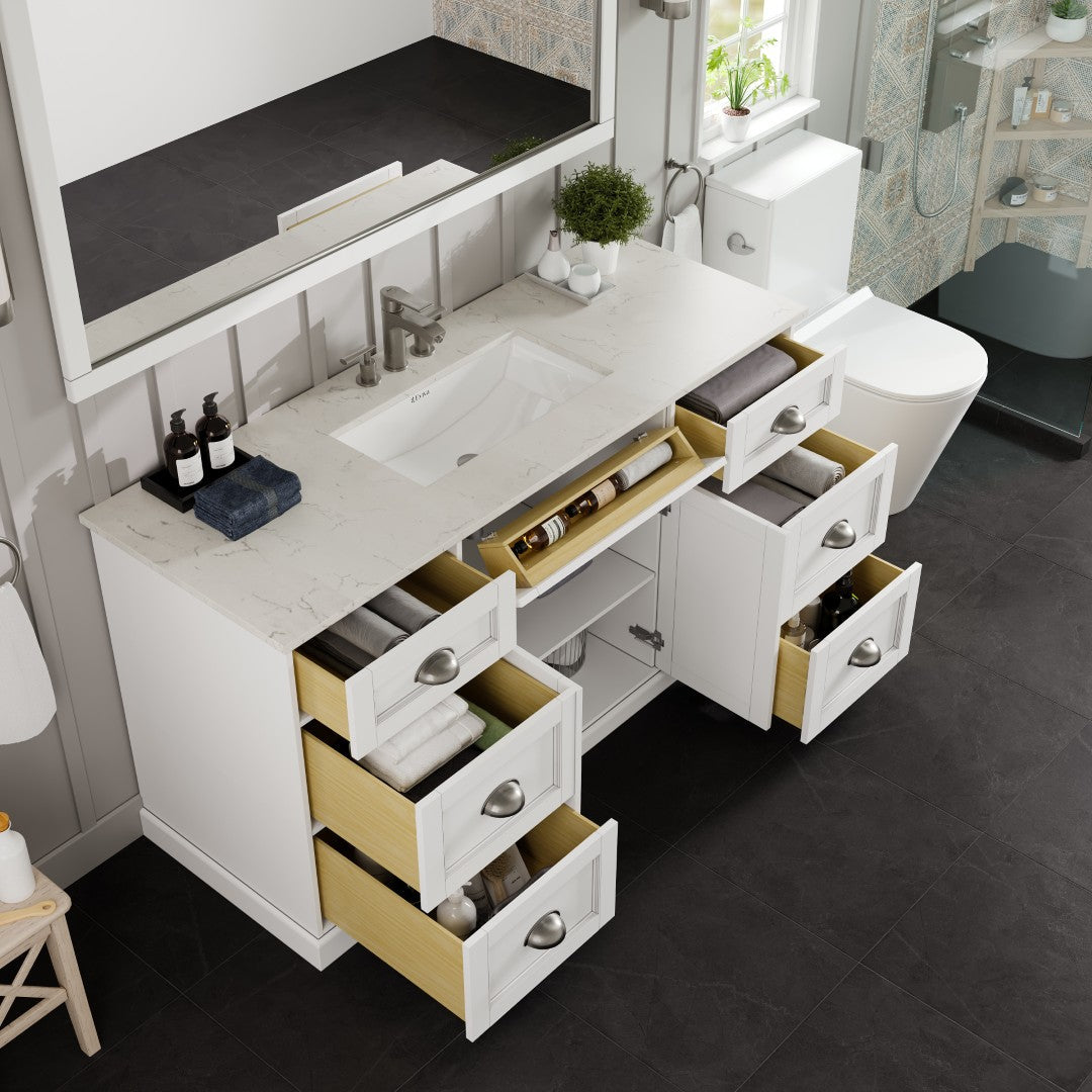 Eviva Epic Bath Vanity with Carrara Quartz Top and Undermount Porcelain Sinks (48"-100")