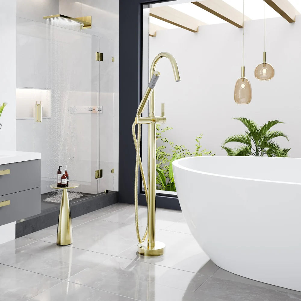 Eviva Modem Single-Handle Freestanding Tub Faucet with Hand Shower – Brushed   Gold