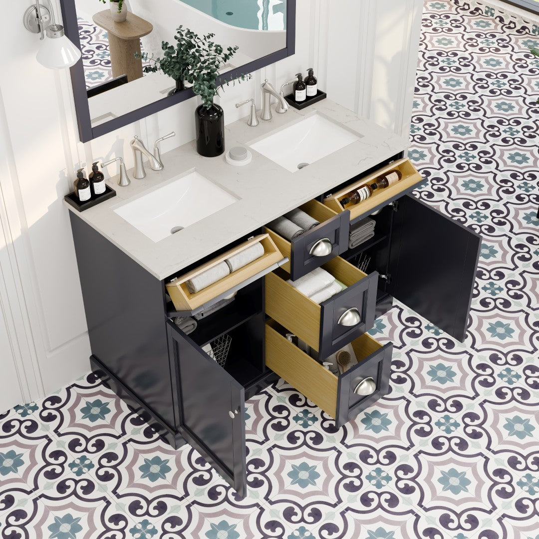 Eviva Epic Bath Vanity with Carrara Quartz Top and Undermount Porcelain Sinks (48"-100")