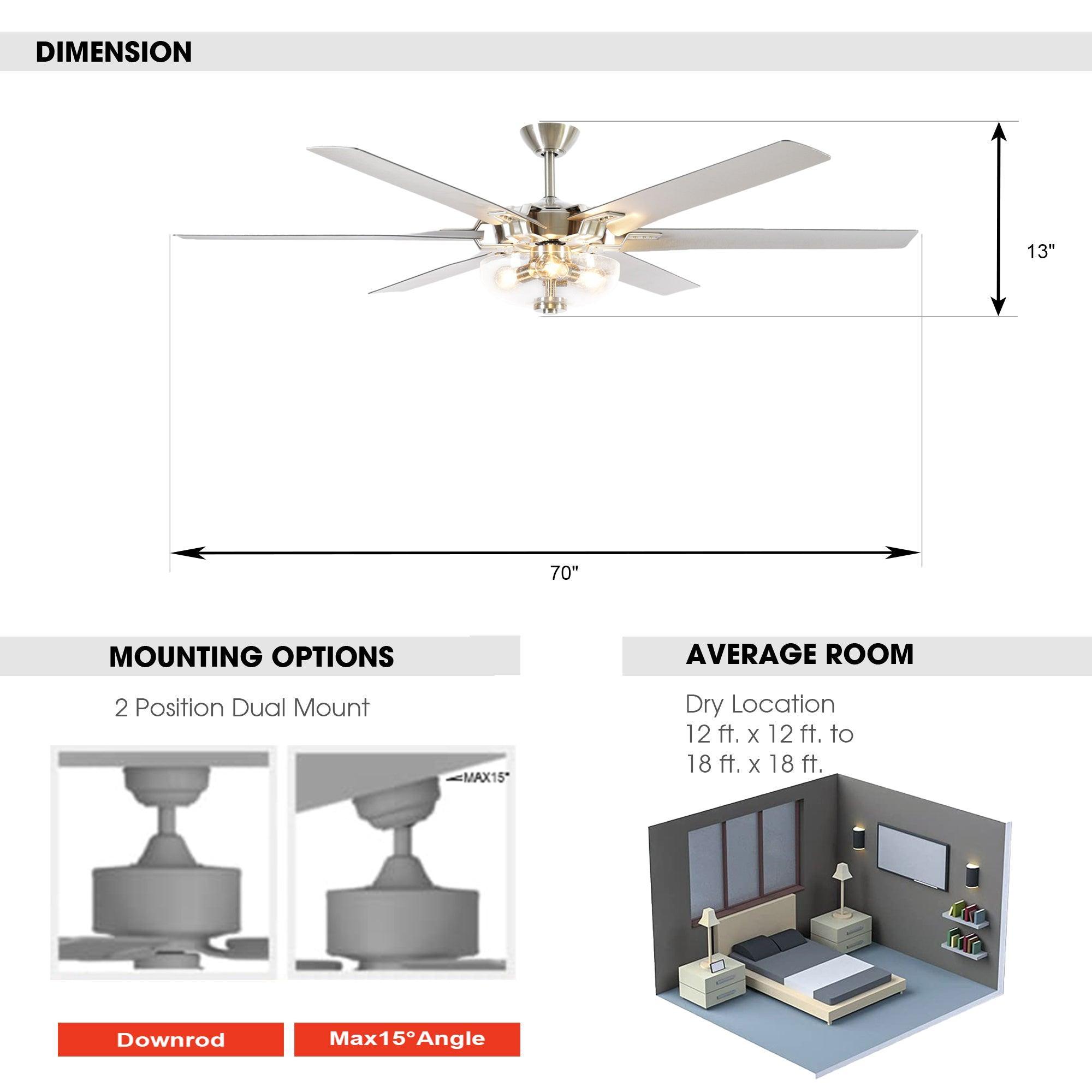 70'' Modern Satin Nickel 6 Blade Ceiling Fan