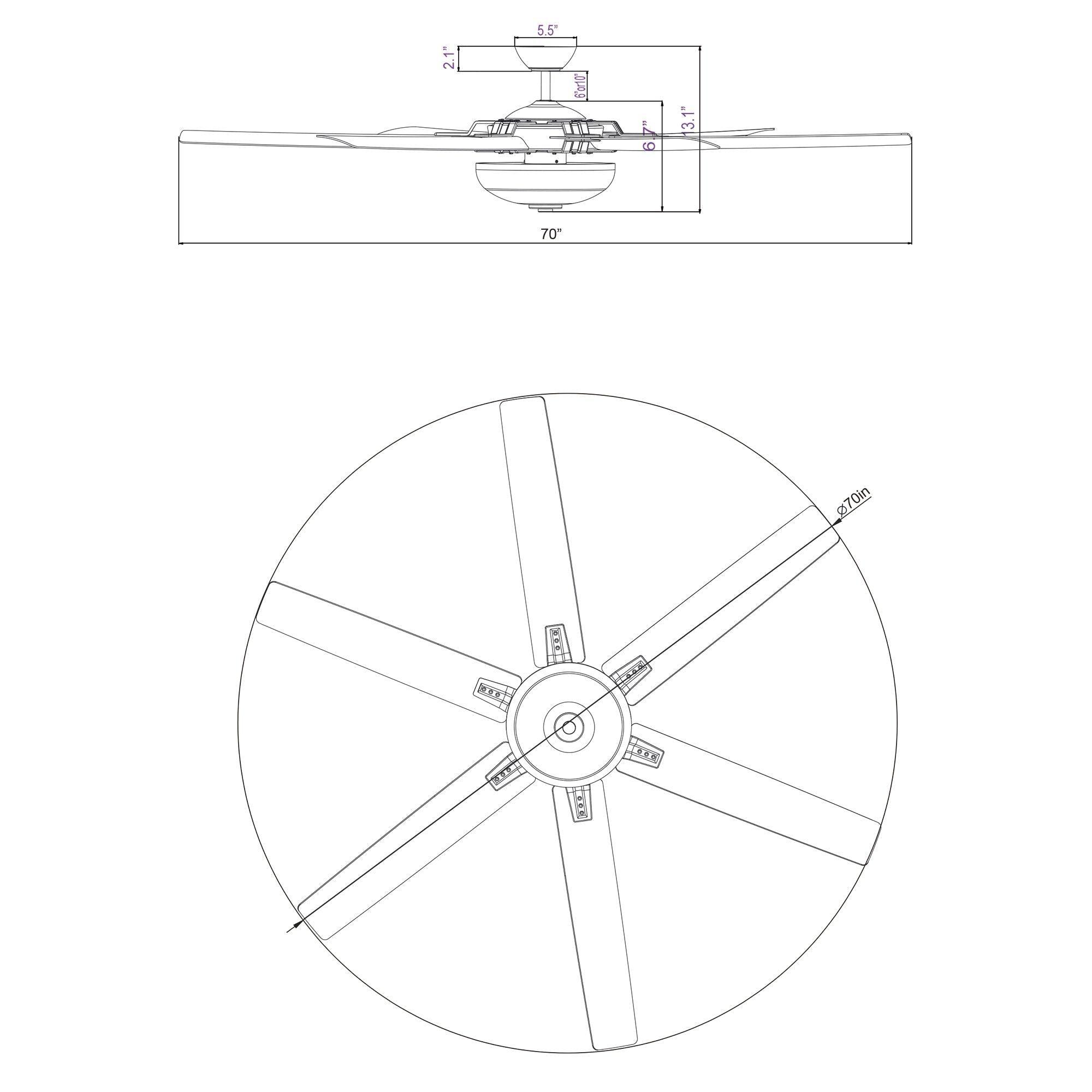 70'' Modern Satin Nickel 6 Blade Ceiling Fan
