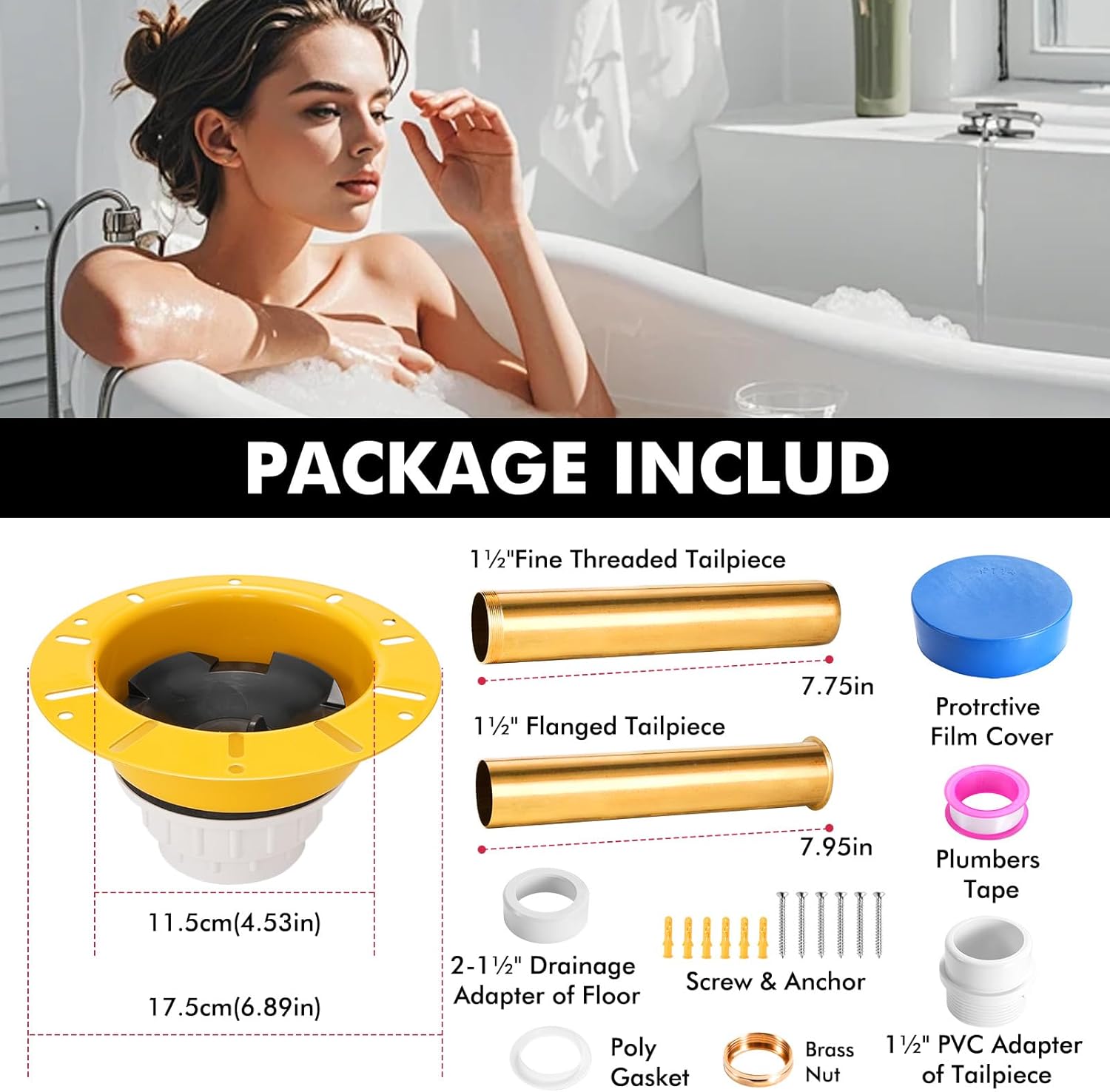 Freestanding Tub Drain Rough‑In Kit – Bathtub Drain Kit with PVC Adapter and Brass Tail Pipes, Compatible with Freestanding and Floor‑Mounted Tub
