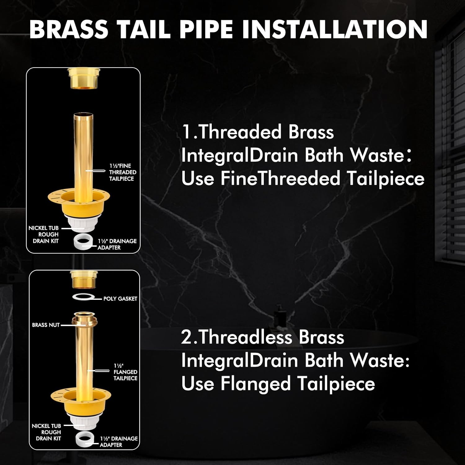 Freestanding Tub Drain Rough‑In Kit – Bathtub Drain Kit with PVC Adapter and Brass Tail Pipes, Compatible with Freestanding and Floor‑Mounted Tub