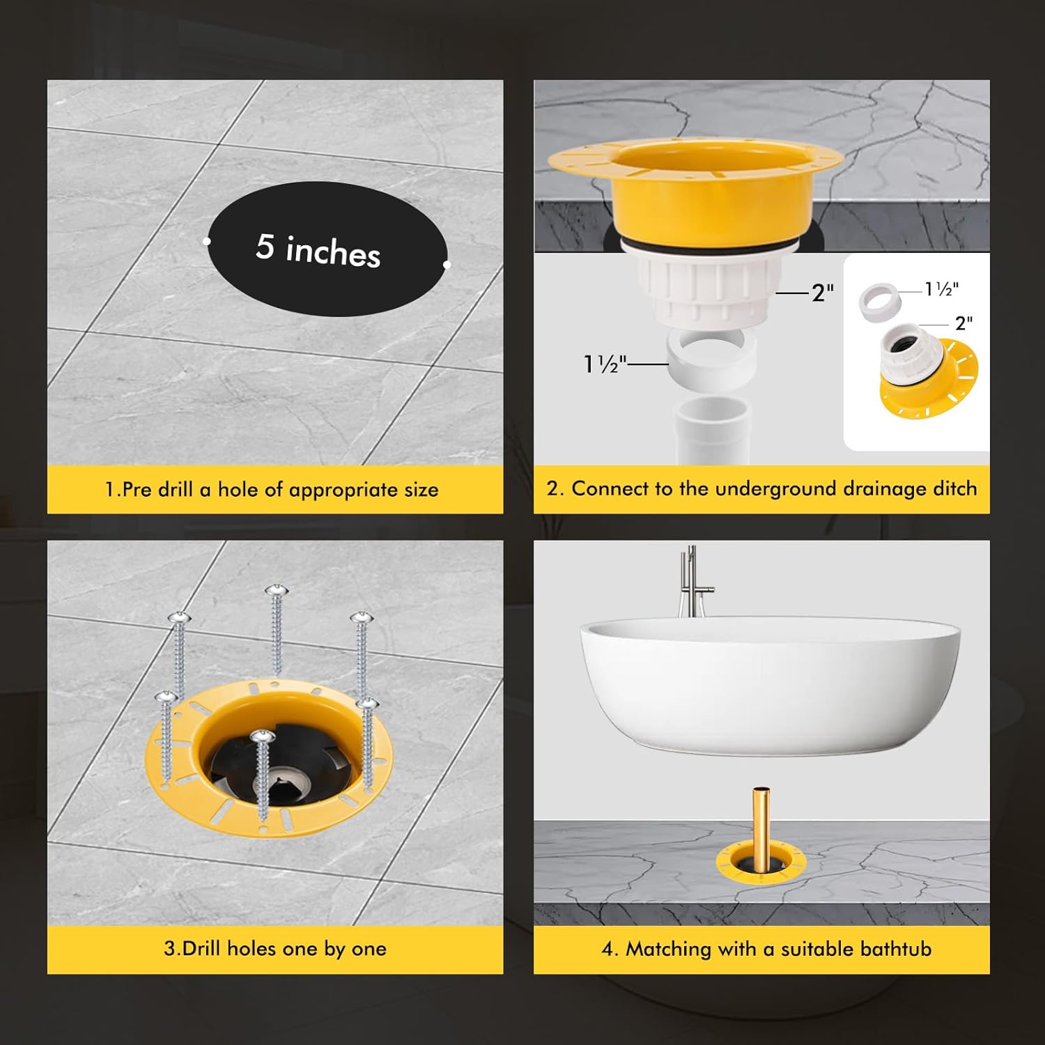 Freestanding Tub Drain Rough‑In Kit – Bathtub Drain Kit with PVC Adapter and Brass Tail Pipes, Compatible with Freestanding and Floor‑Mounted Tub