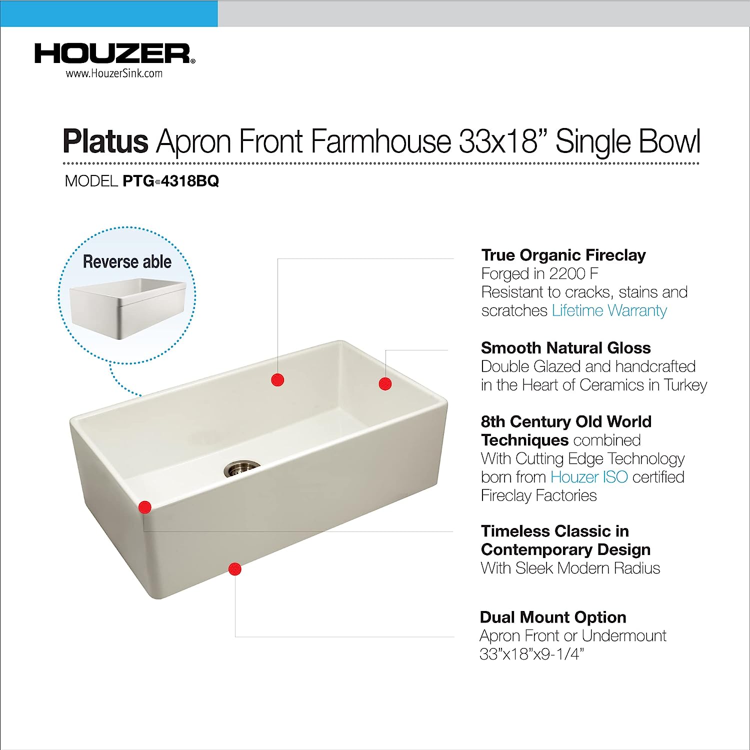 Houzer Platus 33" White Fireclay Apron Front Farmhouse Single Bowl Kitchen Sink