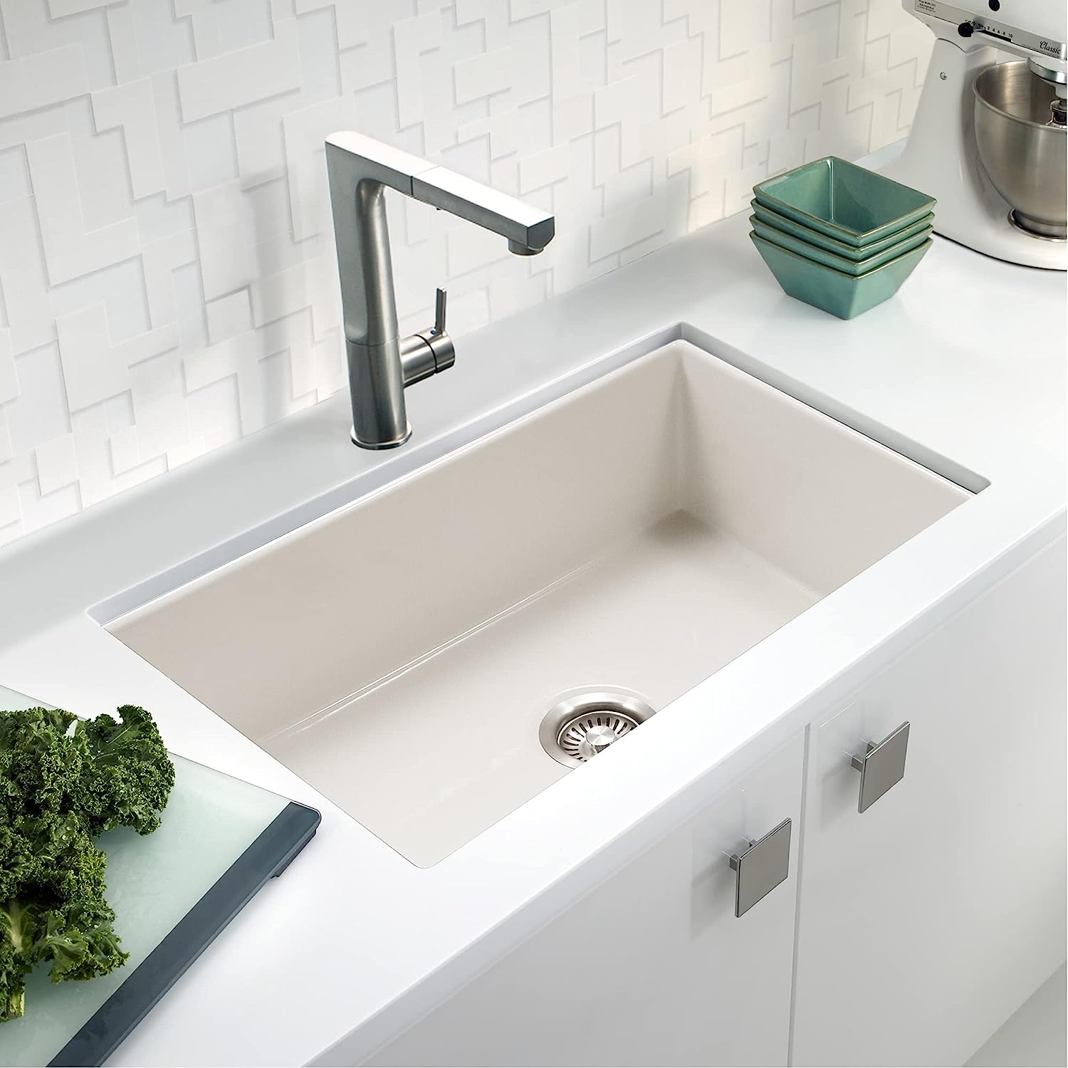 Houzer Platus 32 inch White Fireclay Undermount Single Bowl Kitchen Sink