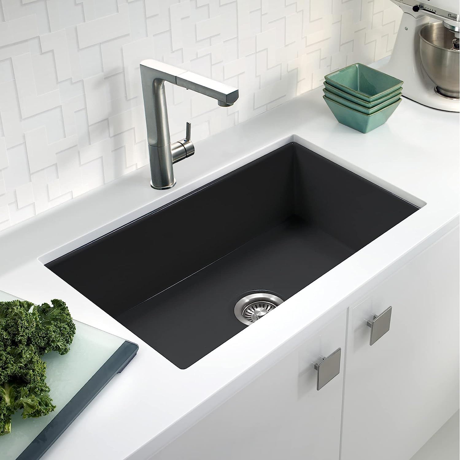 Houzer Platus 32 inch White Fireclay Undermount Single Bowl Kitchen Sink