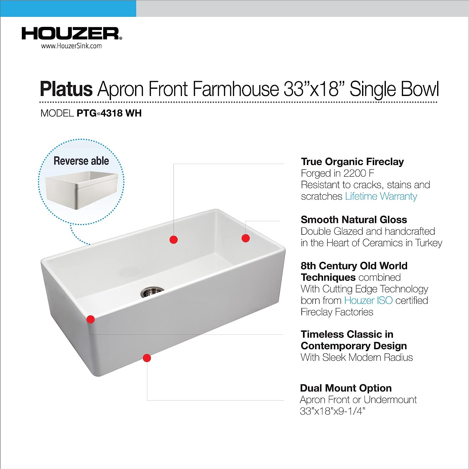 Houzer Platus 33" White Fireclay Apron Front Farmhouse Single Bowl Kitchen Sink