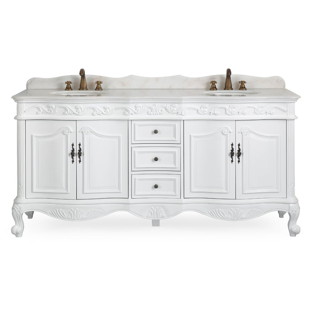 Chans Furniture CF-3882W-AW-72 72 Inch Antique White Traditional Style Double Sink White Top Beckham Bathroom Vanity
